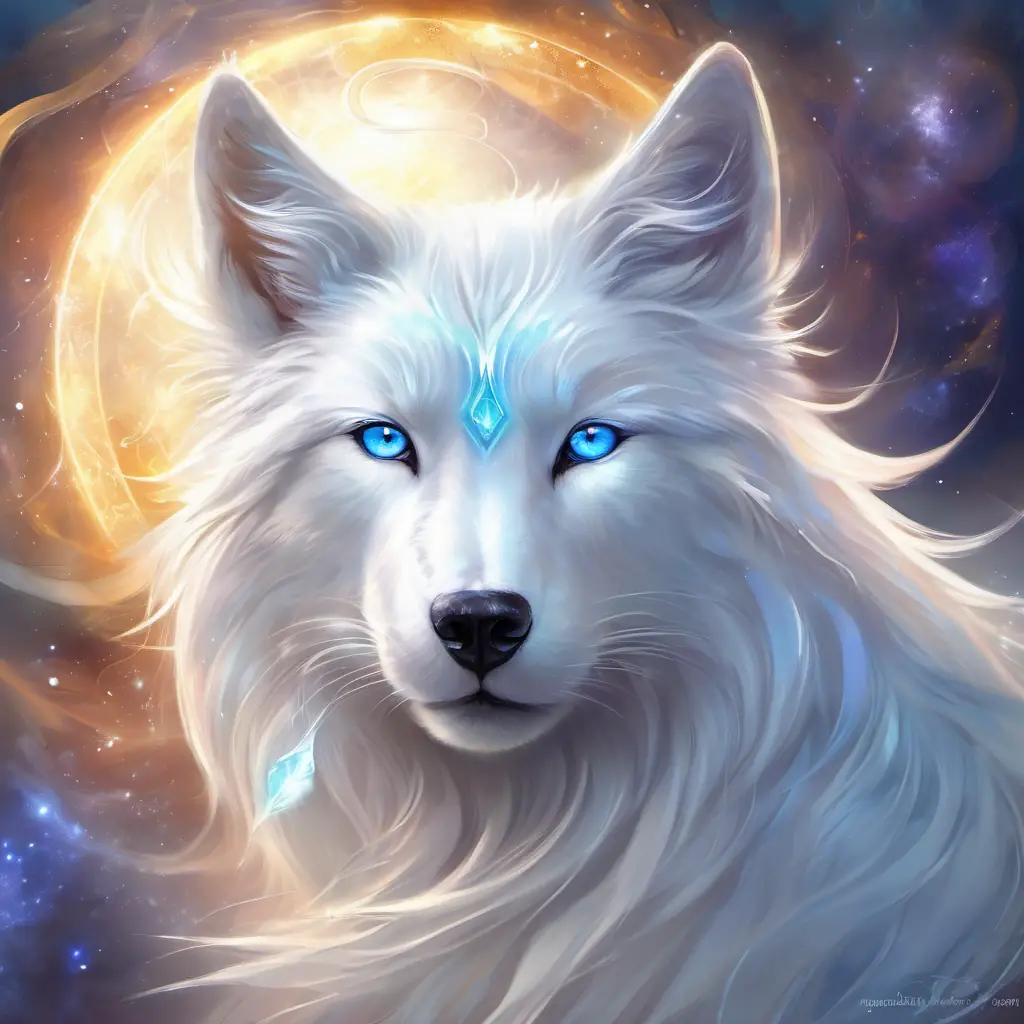 Silky white fur, sparkling blue eyes, eager expression discovers his magical powers.