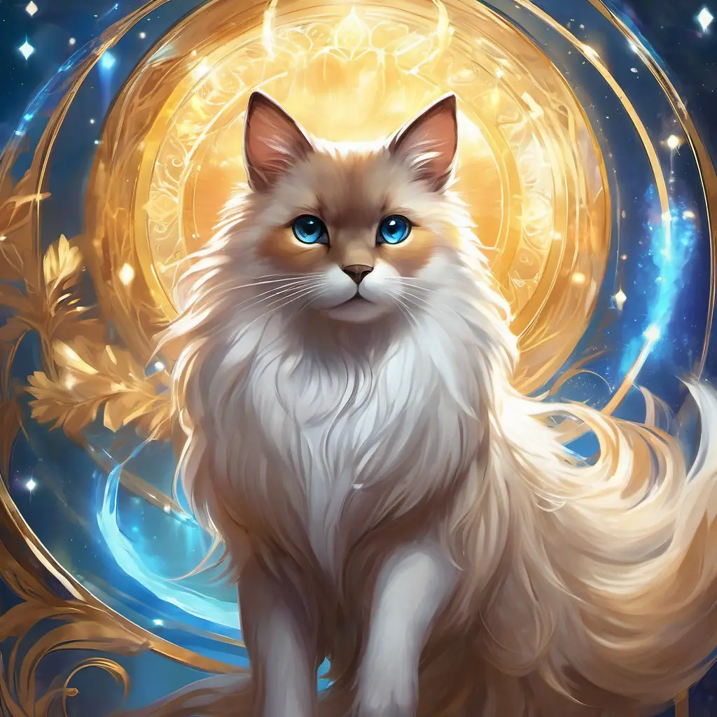 Astonished Fluffy fur, warm brown eyes, golden coat, playful demeanor watches Silky white fur, sparkling blue eyes, eager expression' magic leap.