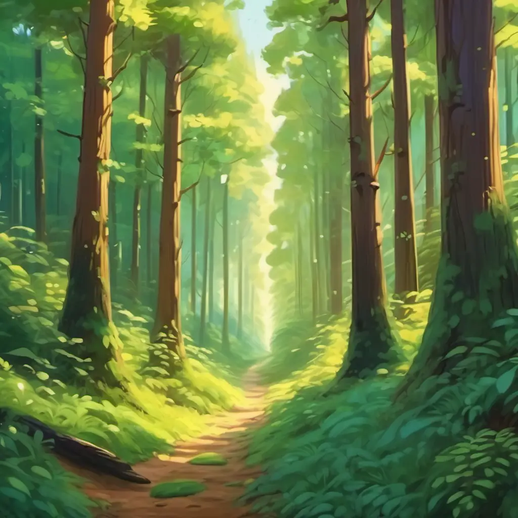 A beautiful forest with tall trees that have smiling faces.