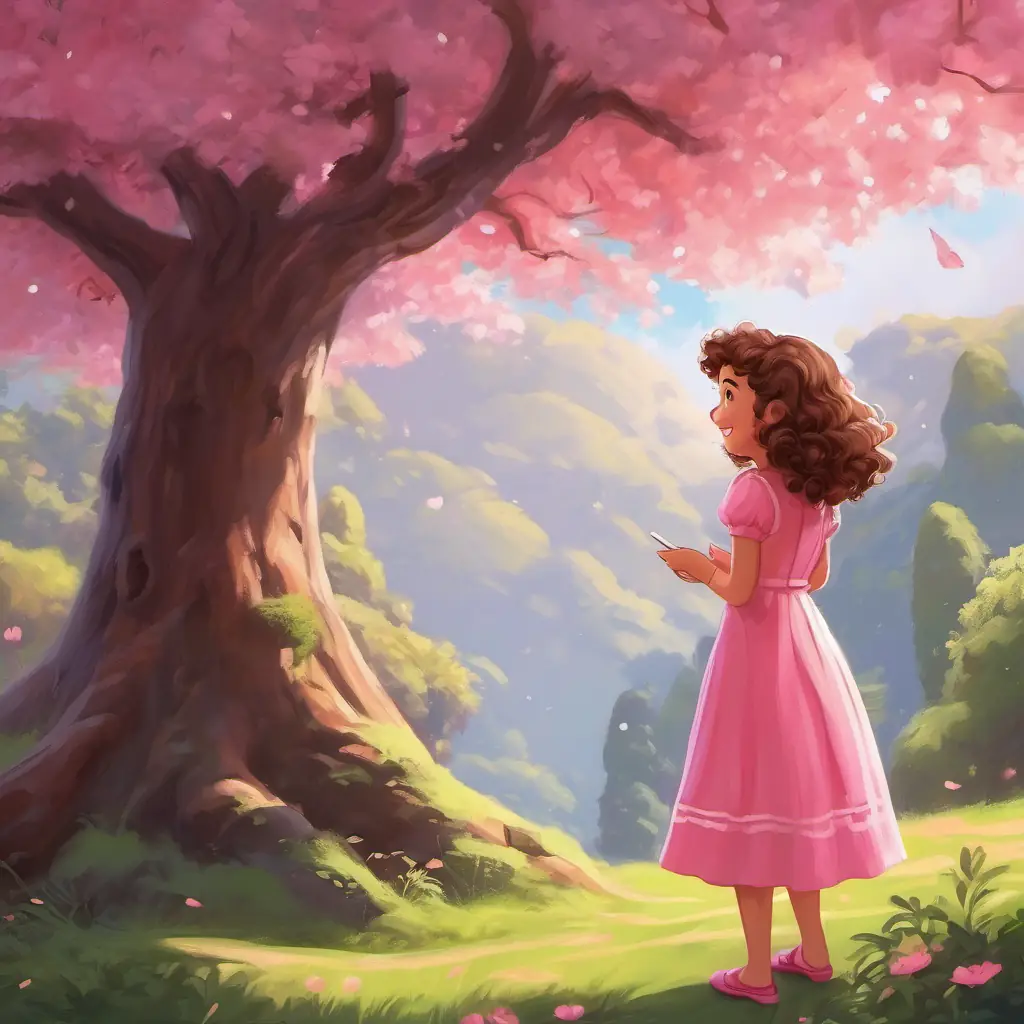 Happy girl with curly brown hair and a pink dress, a happy girl with curly brown hair and a pink dress, talking to a smiling tree.