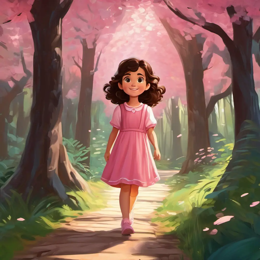Happy girl with curly brown hair and a pink dress walking through the forest, with trees whispering around her, and a hidden door in front of her.