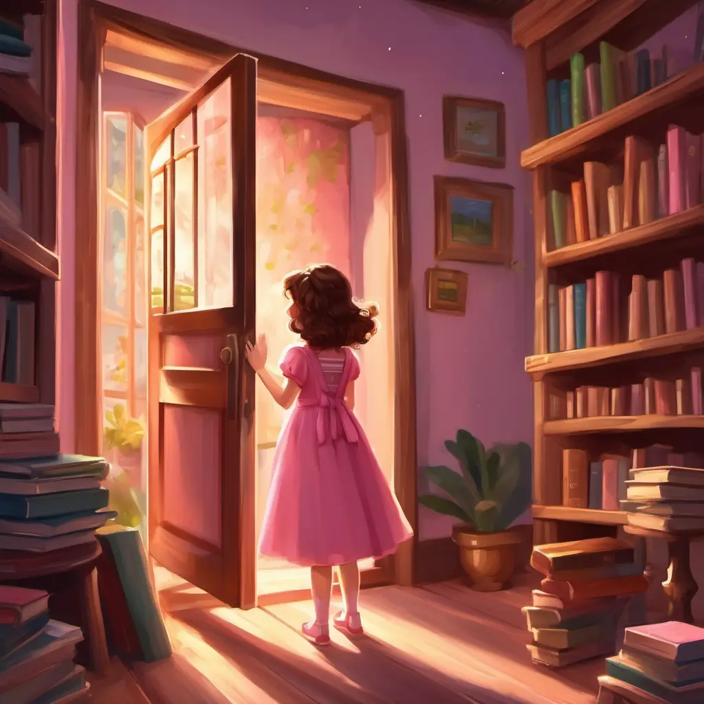 Happy girl with curly brown hair and a pink dress opening the door and finding a room filled with books and a magical atmosphere.