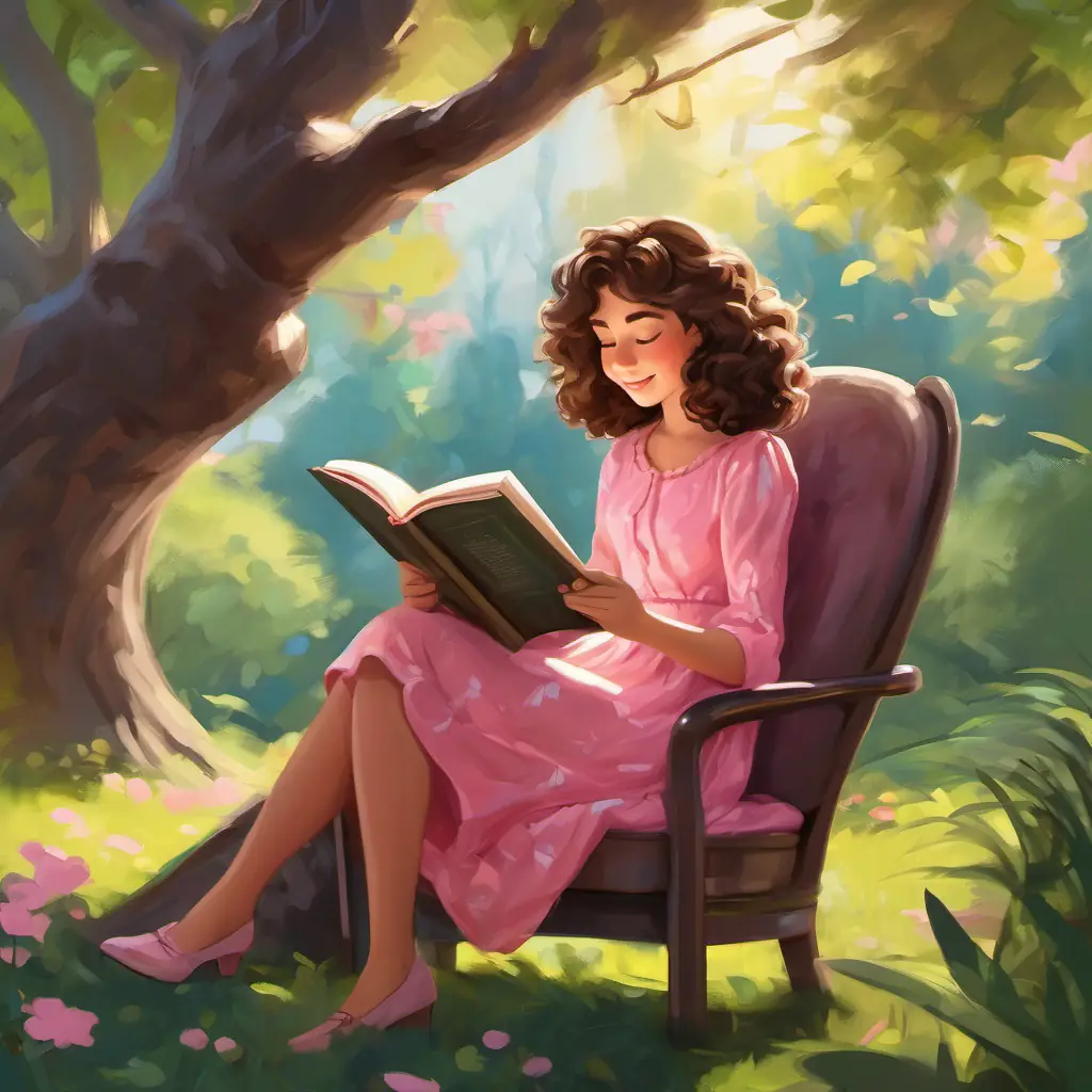 Happy girl with curly brown hair and a pink dress sitting on a cozy chair, reading a book, with trees surrounding her and whispering.