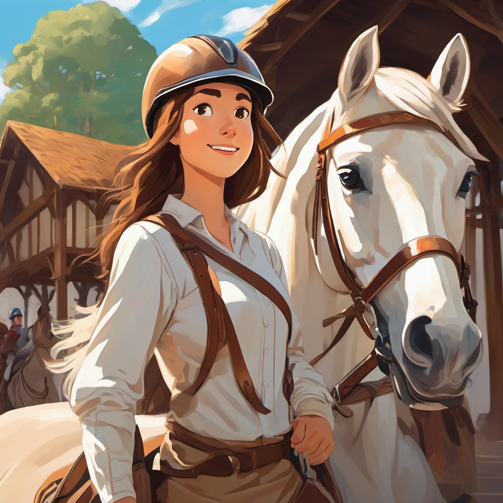 Girl with brown hair, wearing a helmet and riding gear and White horse with a long, flowing mane are waiting by the entrance of an arena, with other horses and riders in the background. Girl with brown hair, wearing a helmet and riding gear is smiling but also has a worried expression.