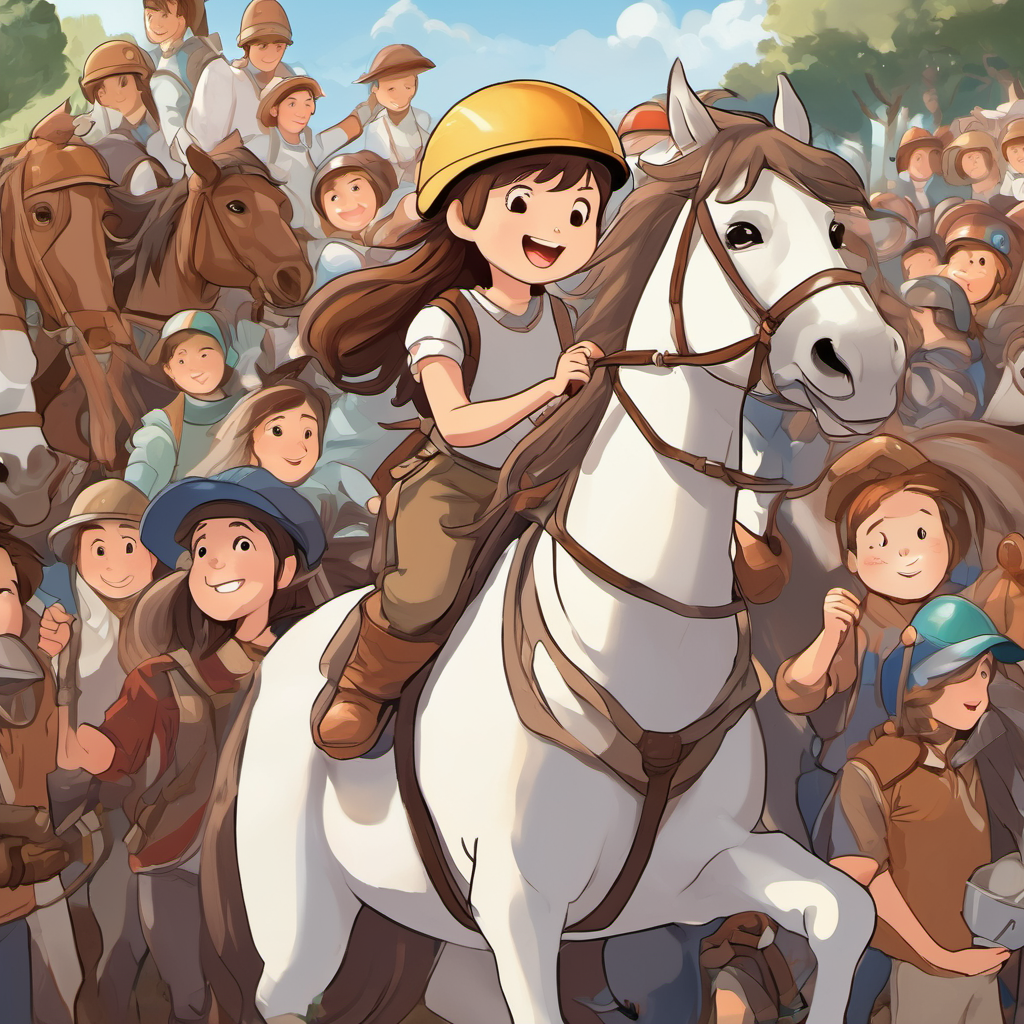 Girl with brown hair, wearing a helmet and riding gear and White horse with a long, flowing mane are hugging each other. Girl with brown hair, wearing a helmet and riding gear is holding a bucket of treats. They are surrounded by other people and horses, who are clapping and smiling.