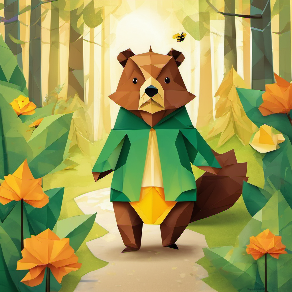 Once upon a time in a cozy green forest, there lived a curious and friendly brown bear named Benny. Benny loved exploring and solving problems, but his favorite thing in the whole wide world was honey! It was so sweet and delicious that Benny would do anything to have some every day. One sunny morning, Benny decided it was the perfect day to buy a jar of honey from his friend, Mr. Bumblebee. So he got ready and started walking down the forest path. Along the way, Benny stumbled upon a little triangle-shaped squirrel named Timmy. Timmy was sad because he couldn't find his home.