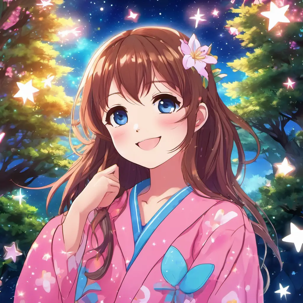 Lily is a happy girl with brown hair and bright blue eyes She is wearing her favorite pink pajamas and is surrounded by twinkling stars and glowing trees is a happy girl with brown hair and bright blue eyes. She is wearing her favorite pink pajamas and is surrounded by twinkling stars and glowing trees.