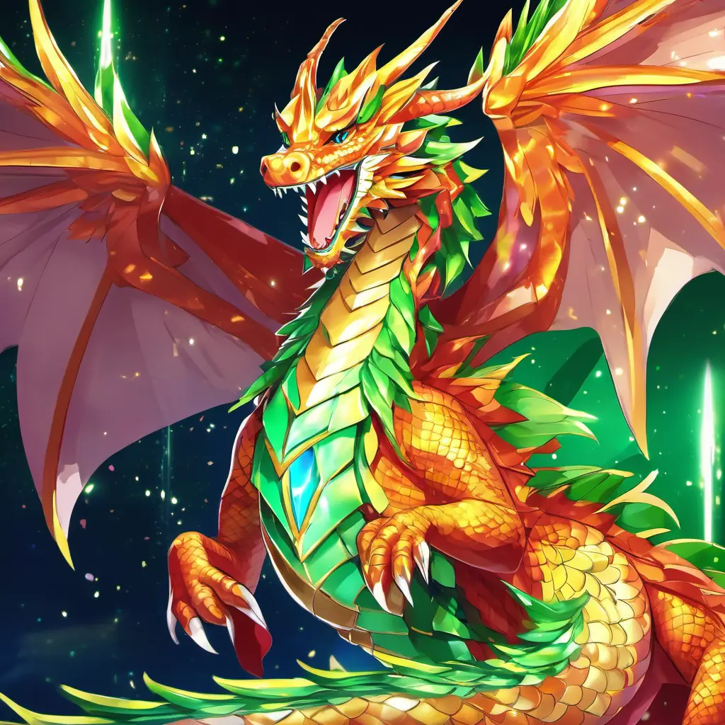 Sparkle is a majestic dragon with shimmering scales and wings as big as a house She has bright green eyes and a kind smile on her face is a majestic dragon with shimmering scales and wings as big as a house. She has bright green eyes and a kind smile on her face.