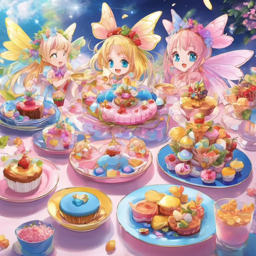 The fairies have tiny bodies and beautiful wings. Each fairy has a different color for their wings, like pink, blue, and yellow. They are all smiling and holding plates of yummy treats.