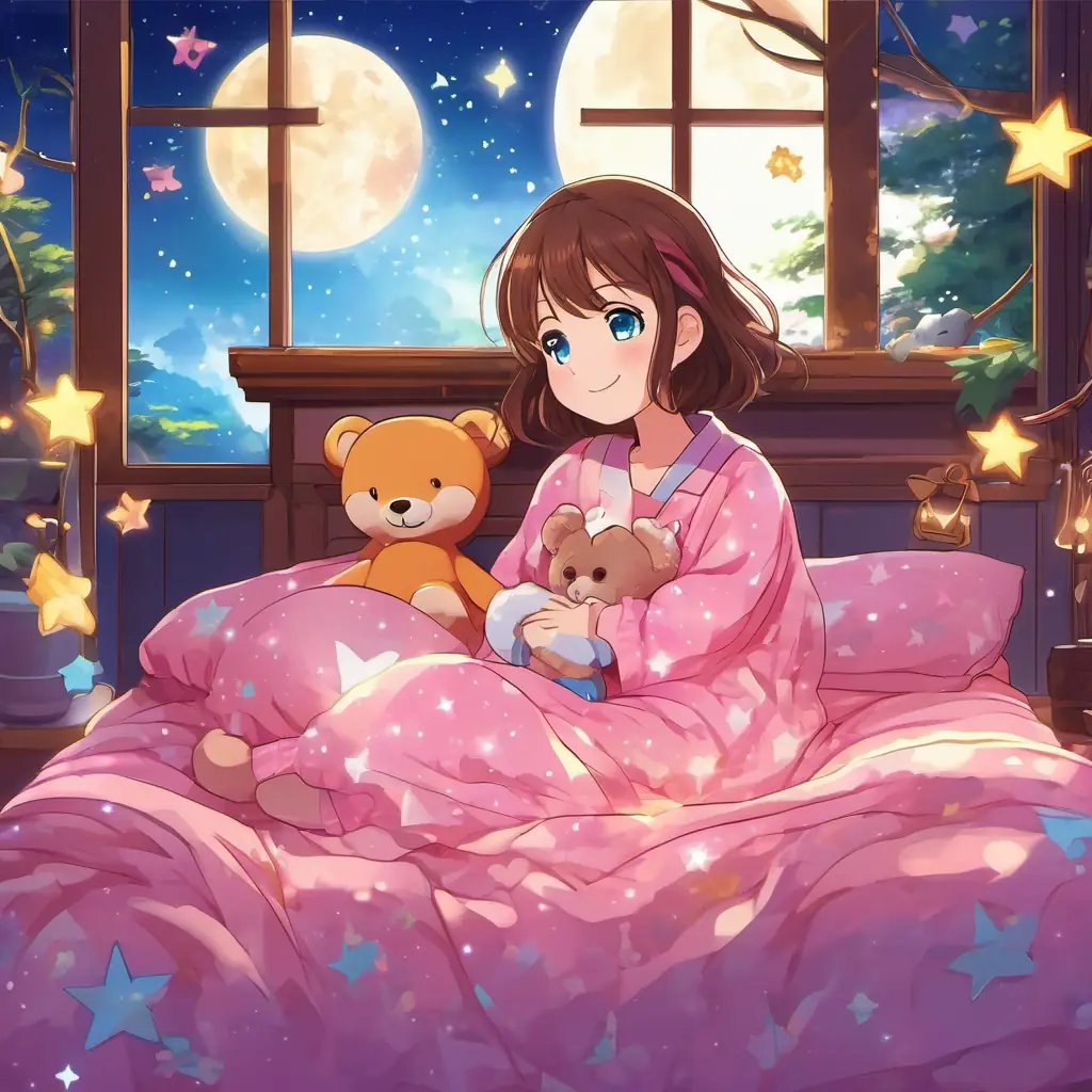 Lily is a happy girl with brown hair and bright blue eyes She is wearing her favorite pink pajamas and is surrounded by twinkling stars and glowing trees is lying in her cozy bed, hugging her favorite teddy bear. She has a big smile on her face, ready to drift off to sleep and have more adventures in Dreamland.