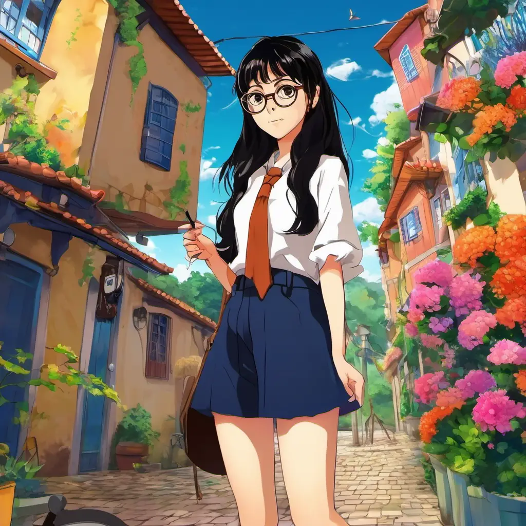The story takes place in Mãos Douradas, a small town full of colorful houses and blooming flowers. Garota de cabelos pretos, óculos e olhos castanhos (Girl with black hair, glasses, and brown eyes) can be seen wearing her glasses, which make her look intelligent and curious.