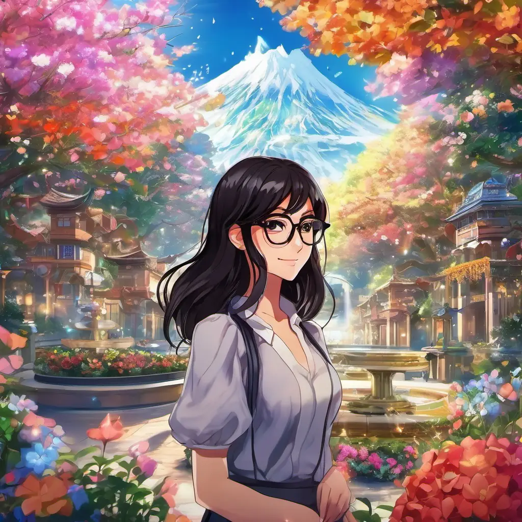 The magical kingdom is a place of breathtaking beauty, with colorful flowers, sparkling fountains, and friendly creatures. Garota de cabelos pretos, óculos e olhos castanhos (Girl with black hair, glasses, and brown eyes) stands out with her black hair, brown eyes, and glasses, making her blend into the joyful atmosphere.