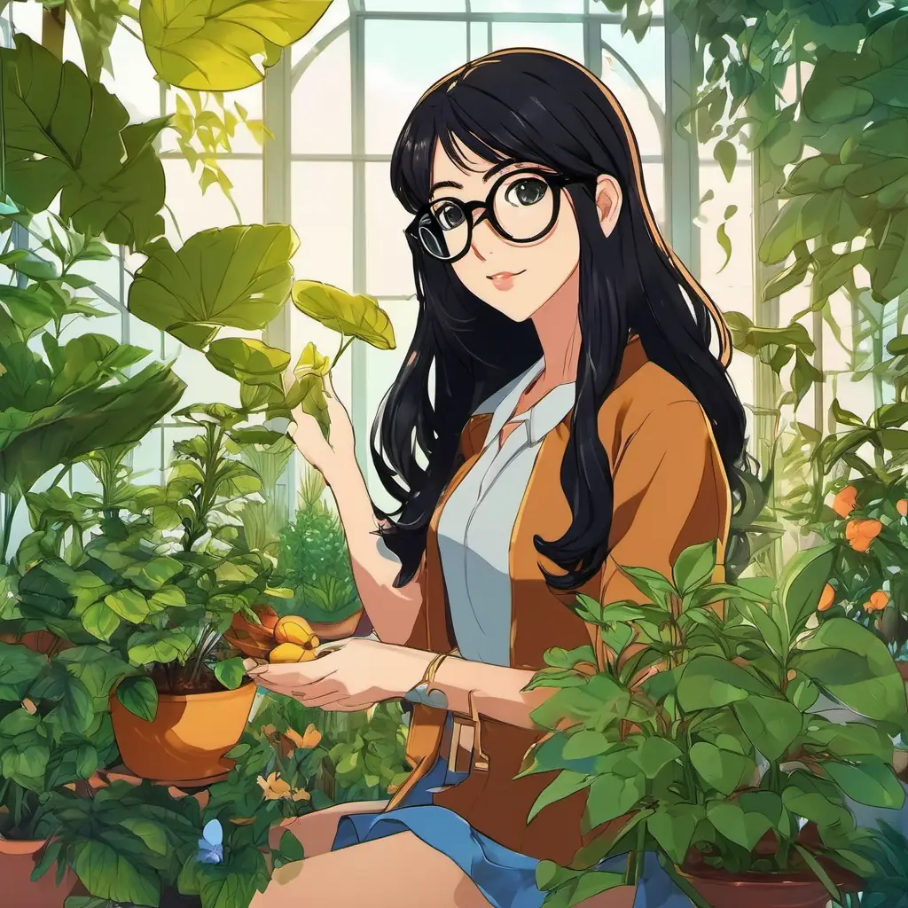 Garota de cabelos pretos, óculos e olhos castanhos (Girl with black hair, glasses, and brown eyes), with her captivating black hair, smart glasses, and kind brown eyes, radiates a gentle aura as she uses her magical touch to revive plants and animals in need.
