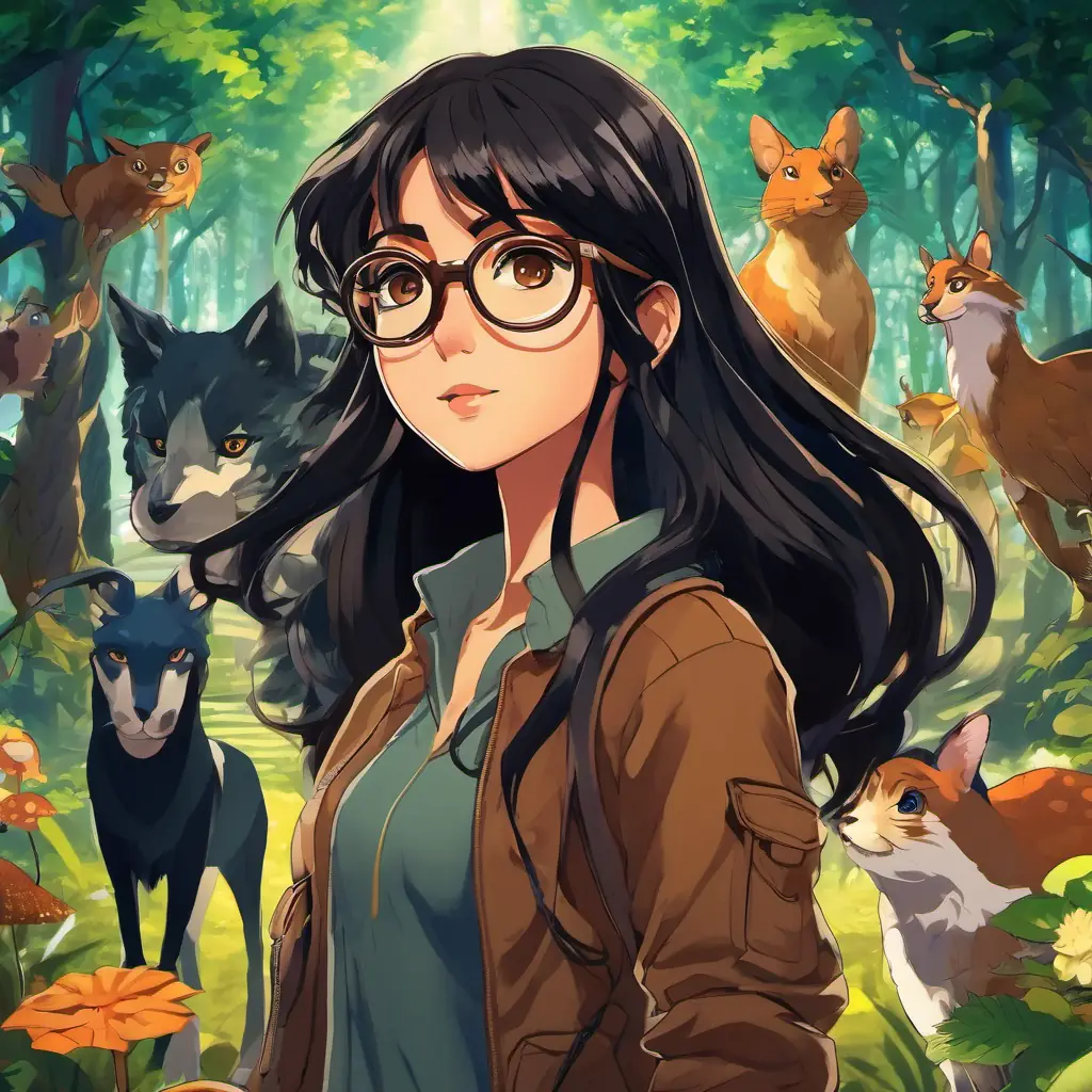 Garota de cabelos pretos, óculos e olhos castanhos (Girl with black hair, glasses, and brown eyes), with her distinctive black hair, glasses, and warm brown eyes, stands tall as the guardian of the enchanted forest, surrounded by animals and fairies eager to help her in her mission.