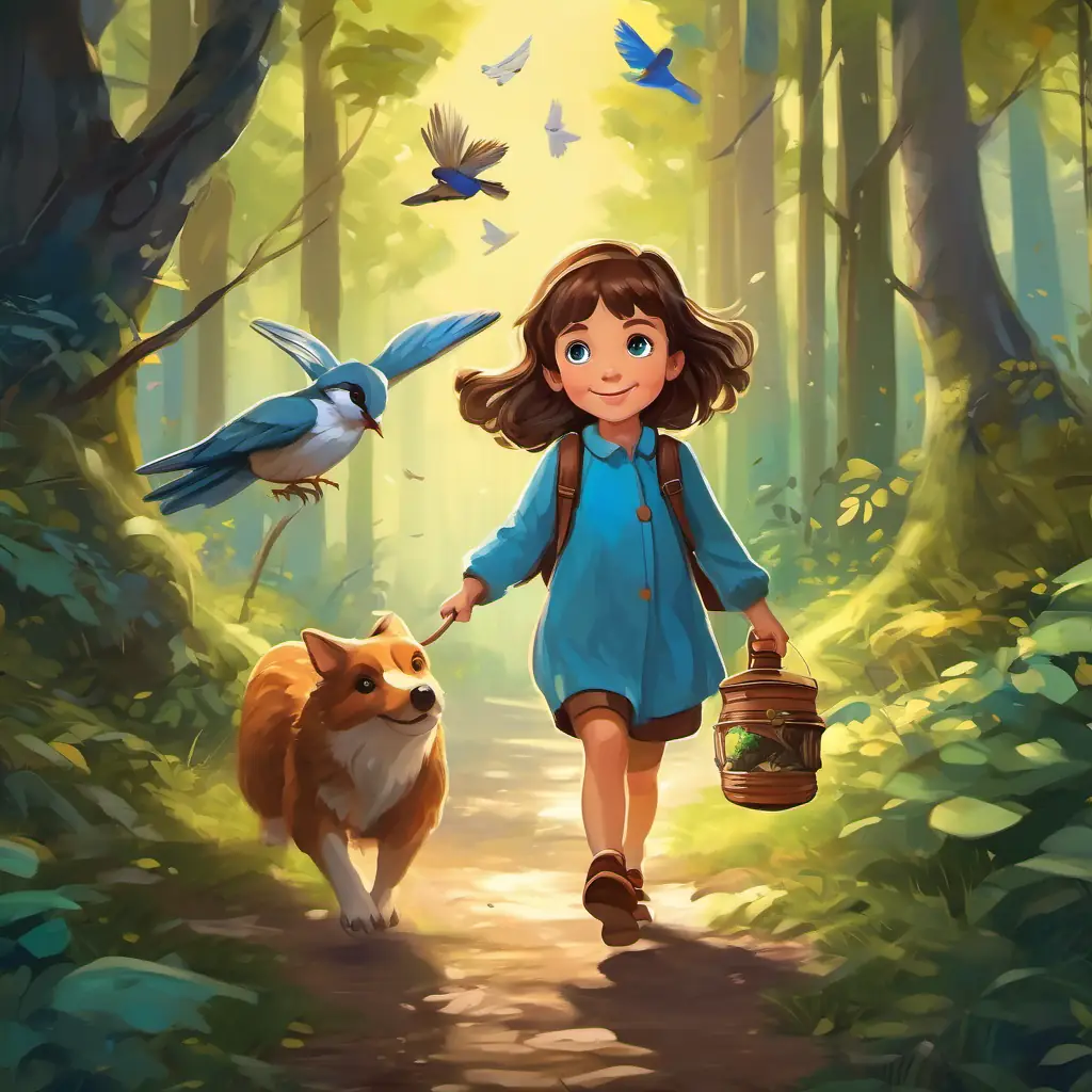 Little girl with brown hair and blue eyes walking through a forest with trees and birds, holding the bottle with a happy fairy inside.