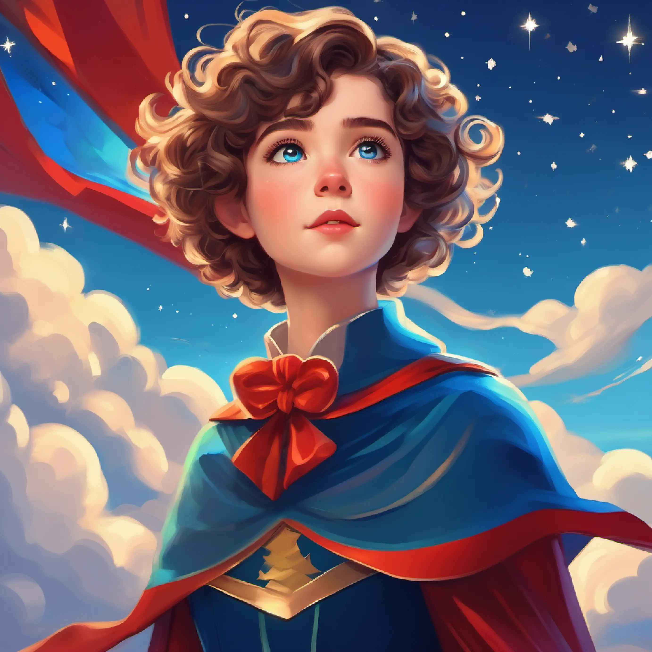 Short, curly hair, bright blue eyes, wearing a cape yearning to fly, looking at serene sky