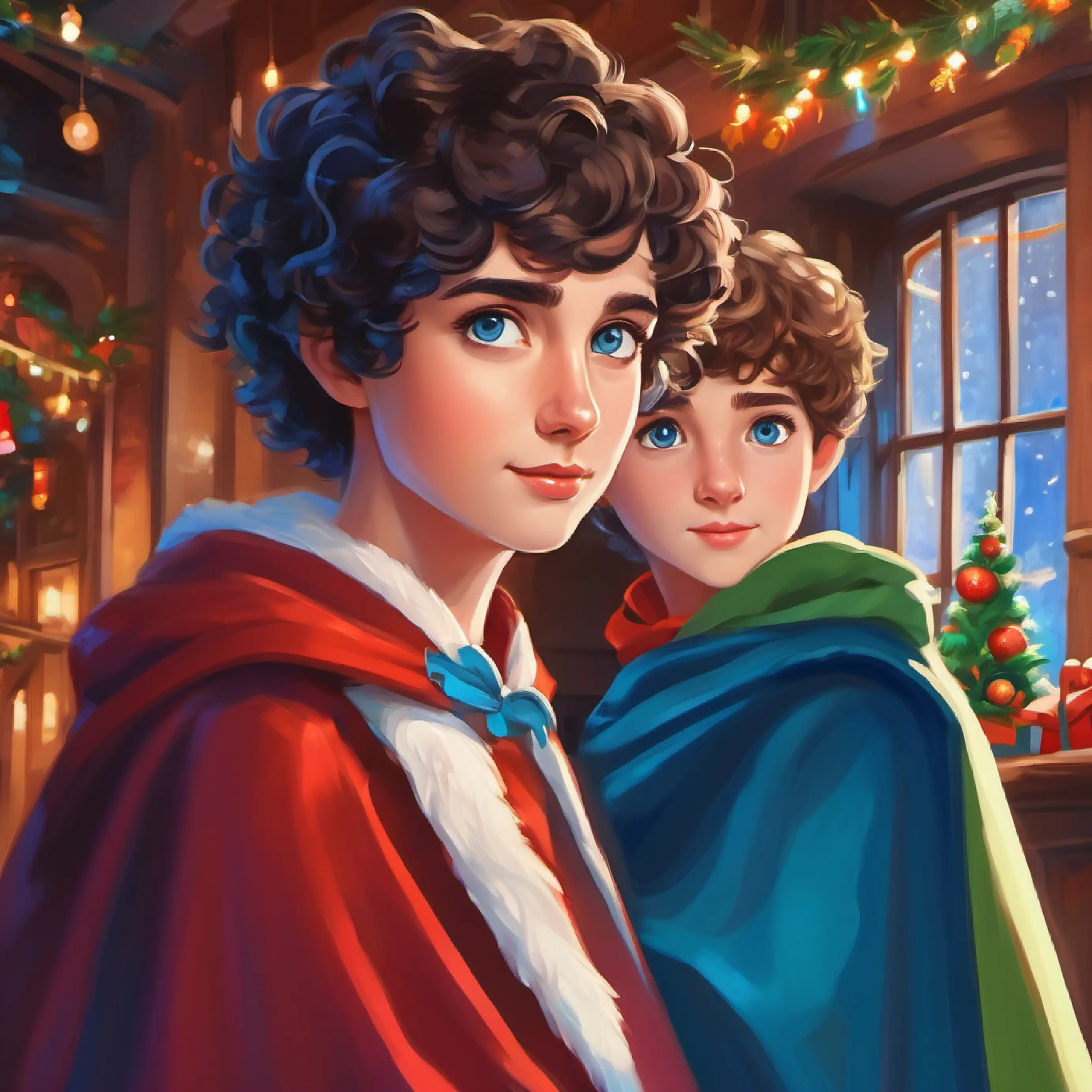 Friends intrigued by Short, curly hair, bright blue eyes, wearing a cape' imaginative journey