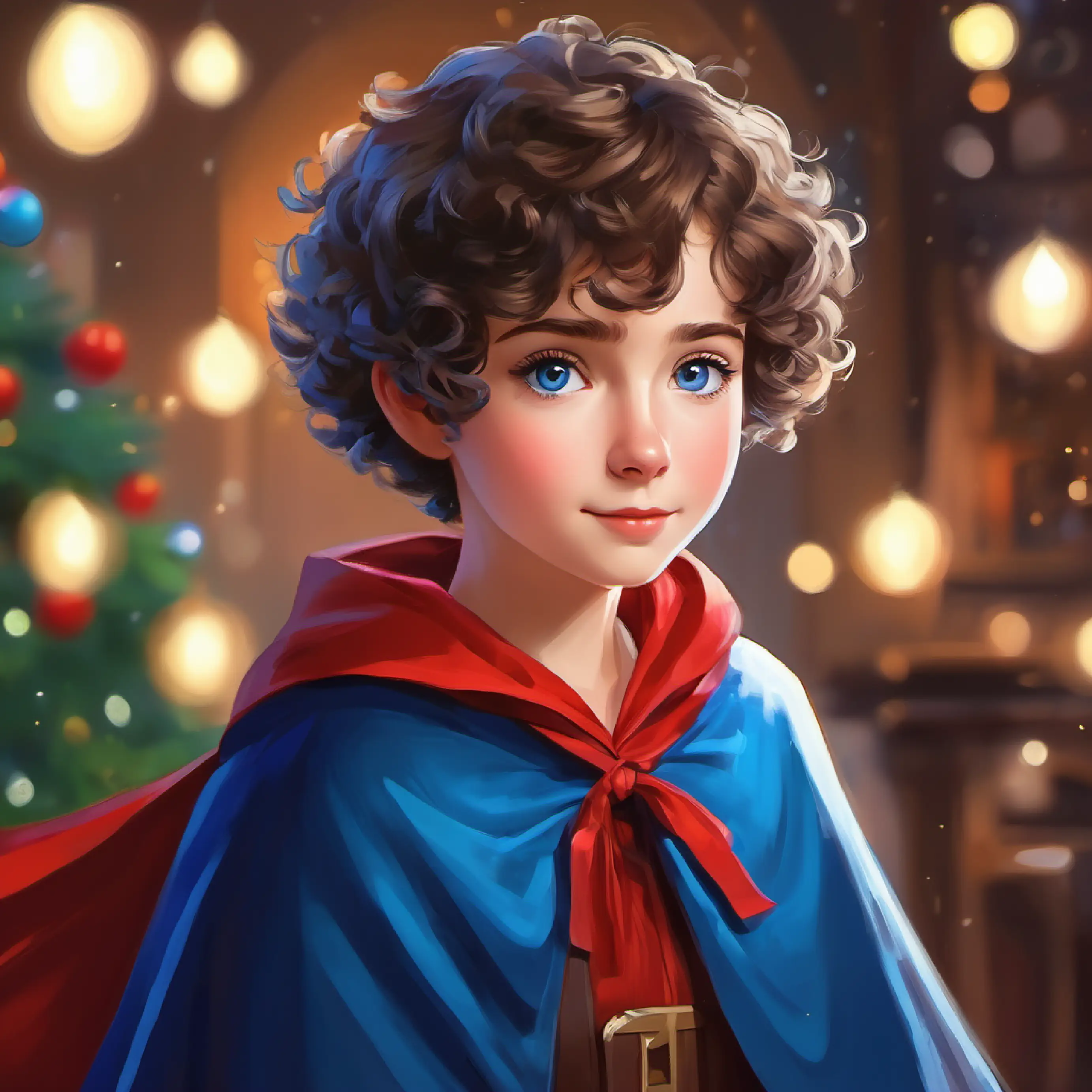 Promising conclusion, Short, curly hair, bright blue eyes, wearing a cape' realization