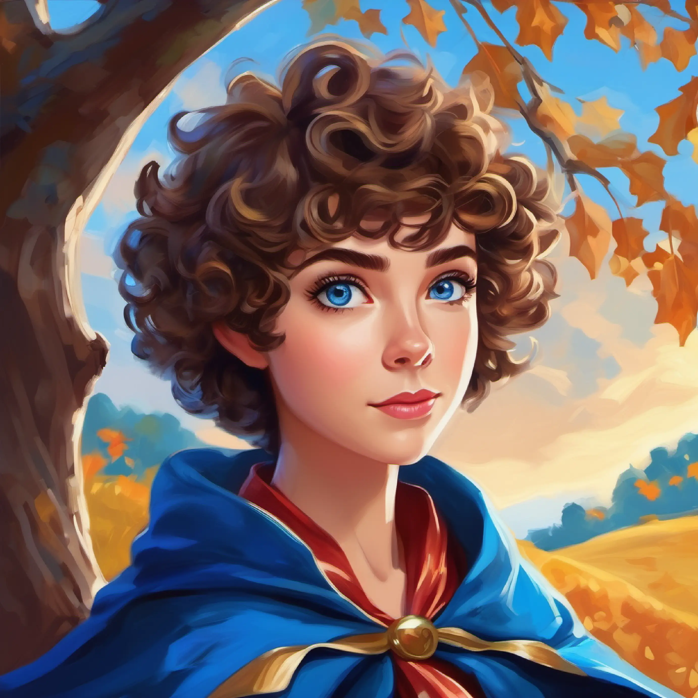 Short, curly hair, bright blue eyes, wearing a cape under oak tree, ready to imagine