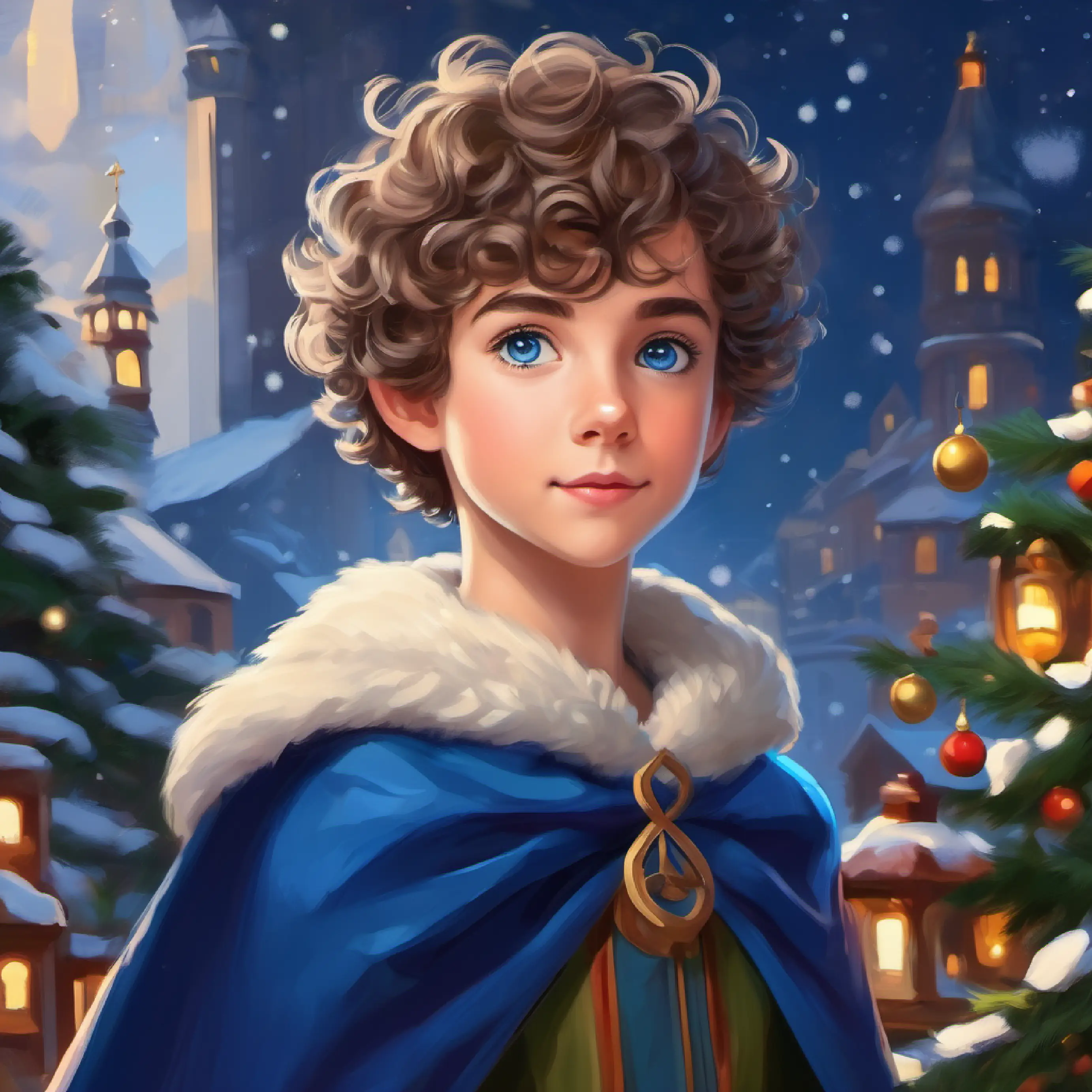 Beginning of Short, curly hair, bright blue eyes, wearing a cape' imaginative adventure