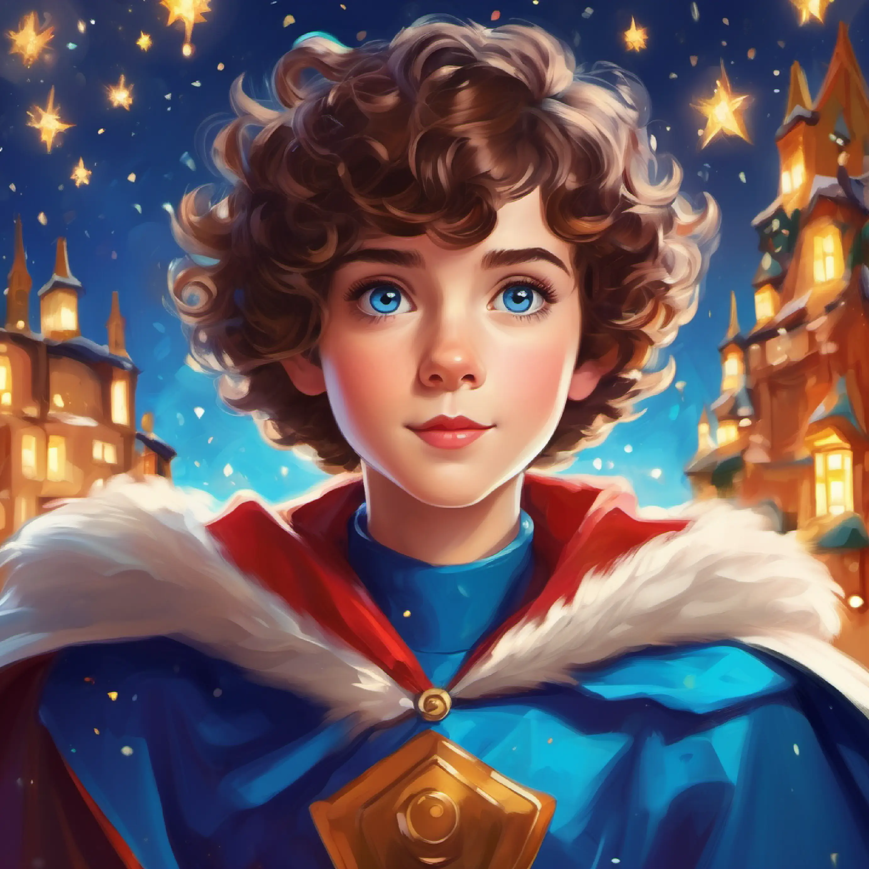 Short, curly hair, bright blue eyes, wearing a cape experiencing the power of imagination