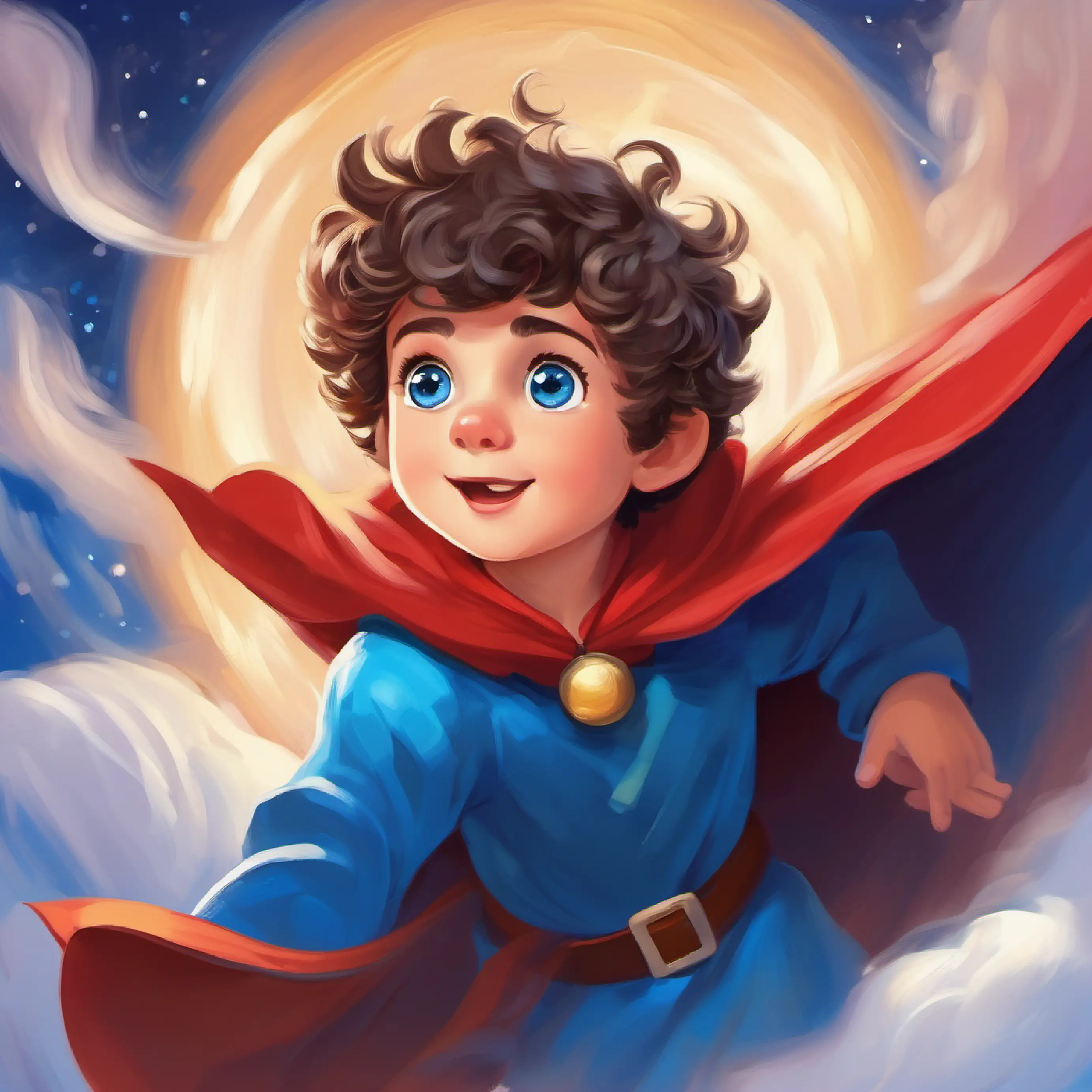 Short, curly hair, bright blue eyes, wearing a cape taking flight within his imagination