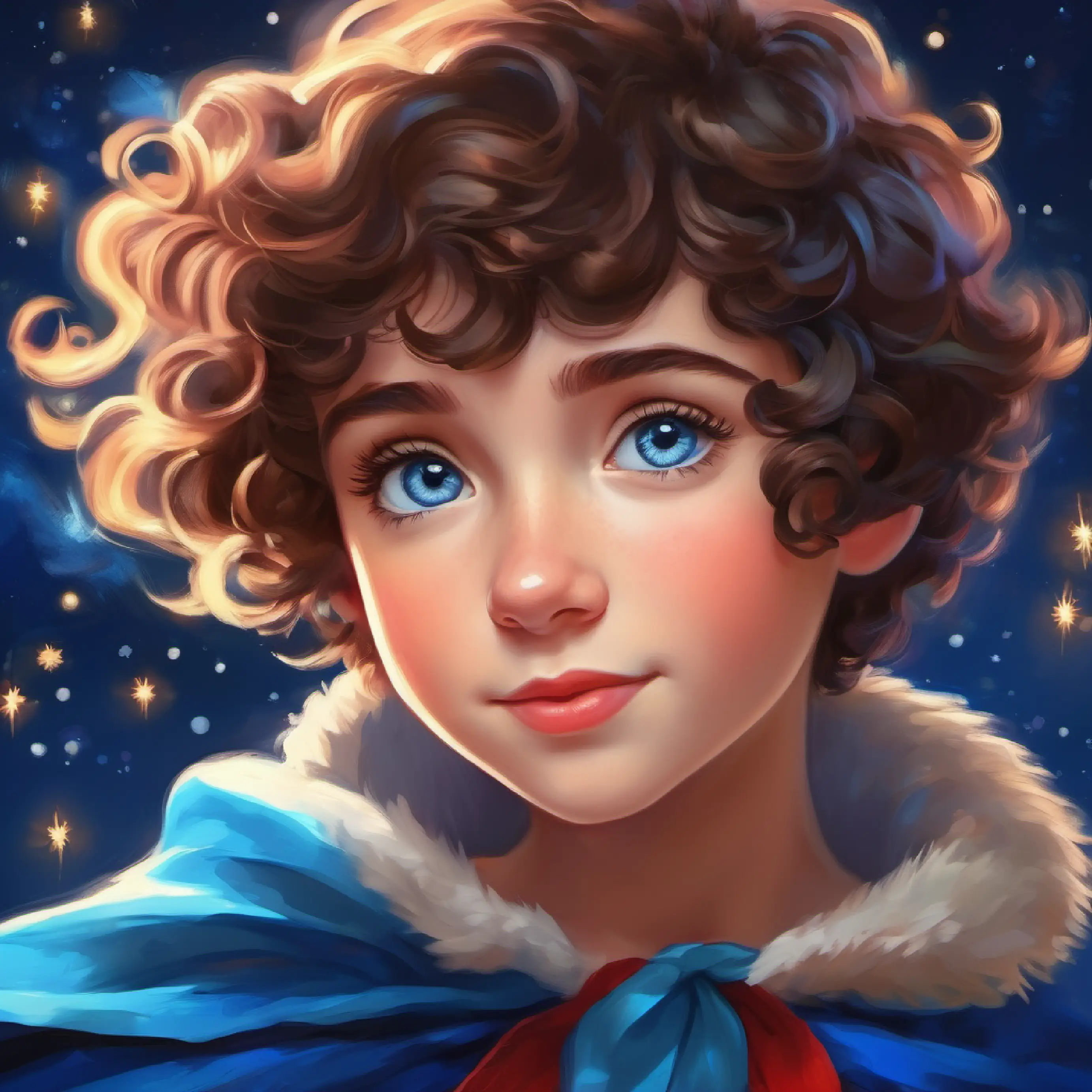 Short, curly hair, bright blue eyes, wearing a cape learns the power of dreams and imagination