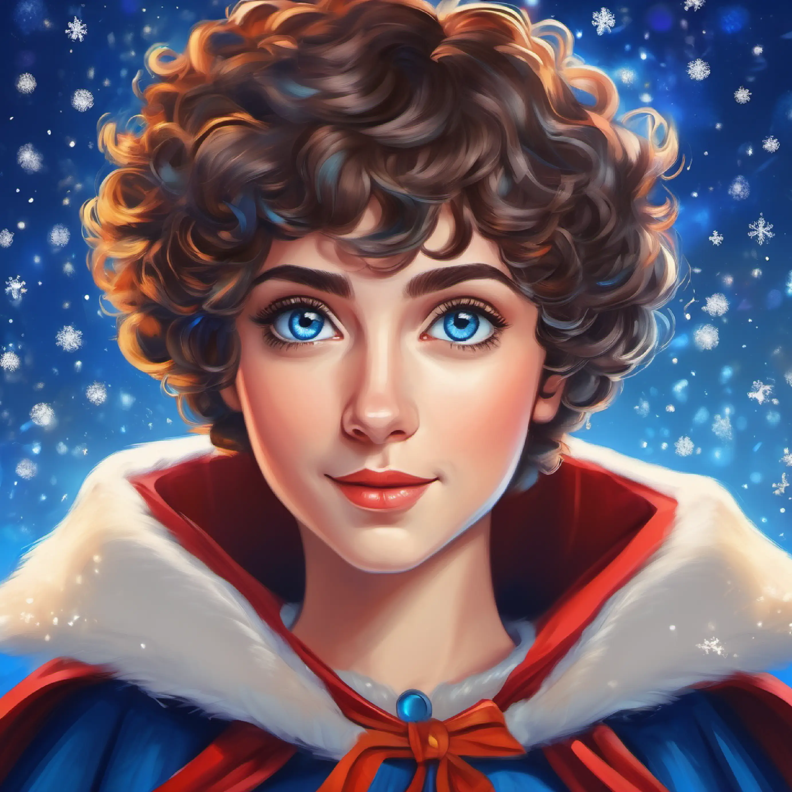 Short, curly hair, bright blue eyes, wearing a cape back to reality, transformed by imagination