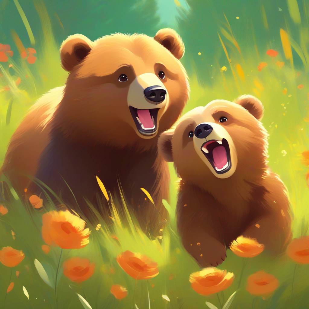 Arun, a playful bear cub with a mischievous glint in his eyes. and Anchal, a gentle bear cub with a loving heart., happy bear cubs playing in the sunny meadow.