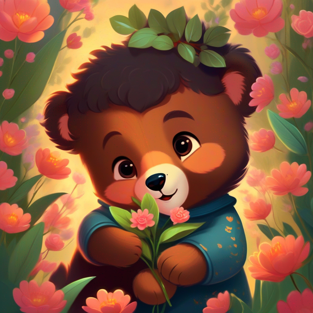 Anchal, a gentle bear cub with a loving heart., delicately cradling the flower in her paws, her eyes gleaming with appreciation. Arun, a playful bear cub with a mischievous glint in his eyes., blushing with joy at Anchal's words.