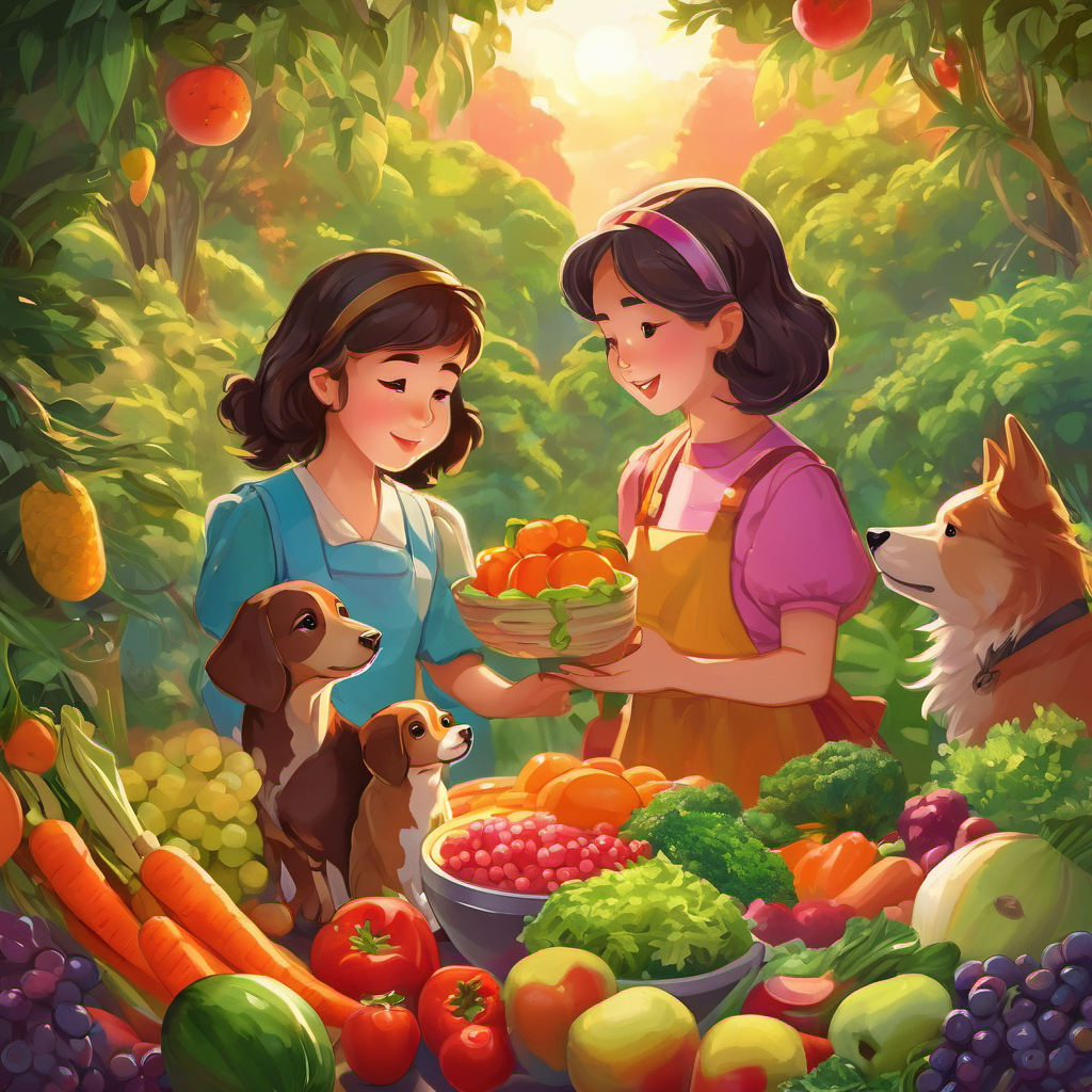 The girls were enthralled by Flora's magical descriptions of healthy foods. They promised Flora that they would always try to eat a rainbow of fruits and vegetables each day to fill their bodies with superpowers. As the sun started to set, Flora bid them farewell, leaving behind a trail of twinkling fairy dust. The girls and their dogs rushed inside to have a healthy and delicious dinner of colorful salads, crunchy carrots, and juicy fruits.