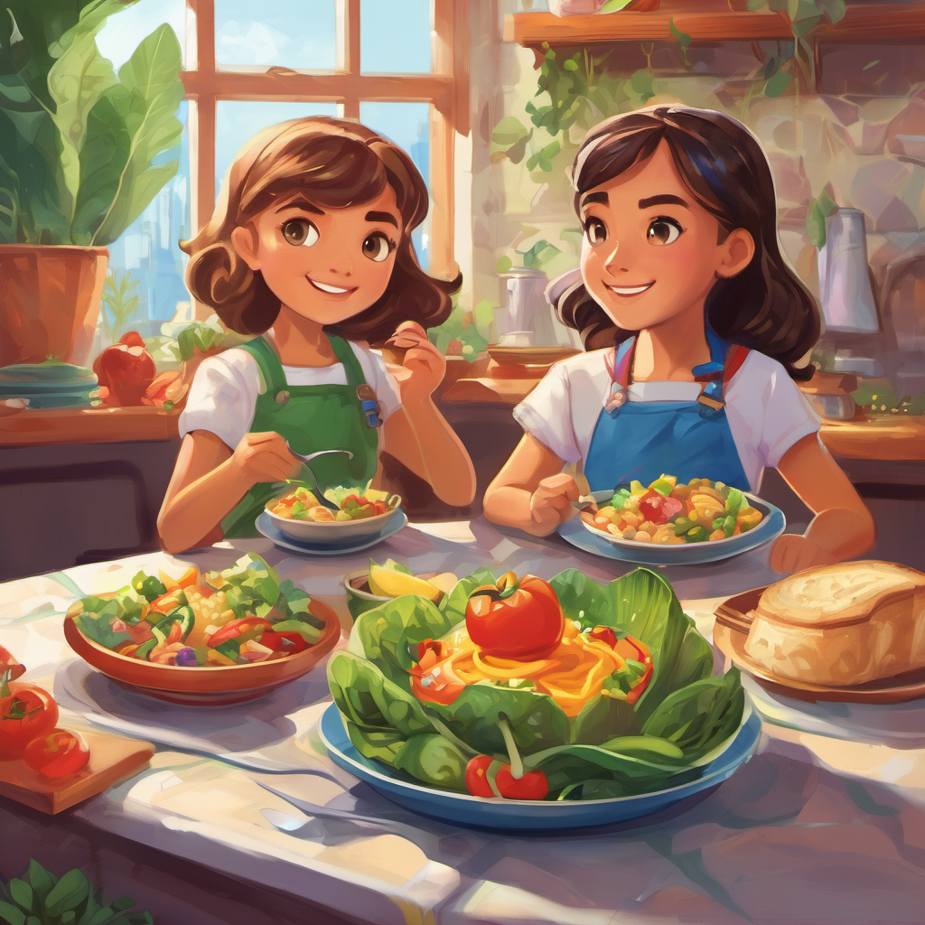 From that day forward, Bianca and Mia understood the magic of healthy eating. They embraced their superpowers, feeling strong, smart, and happy. And so, dear friends, the story of Bianca and Mia teaches us that when we eat healthy, we become superheroes. So, remember to fill your plate with the colors of the rainbow, and you too will have the power to conquer the world!