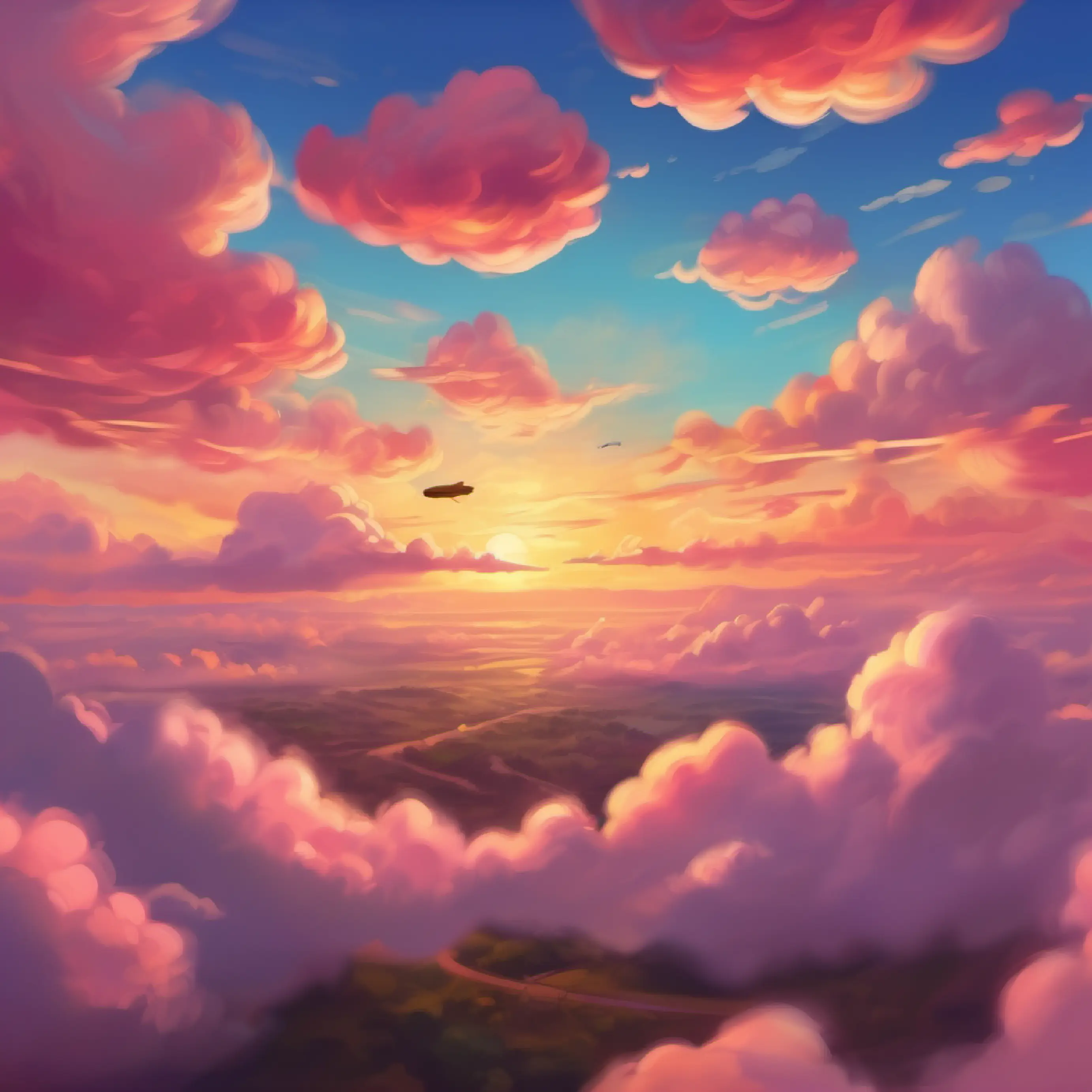 Rosa flies higher; clouds glow with the sunset.