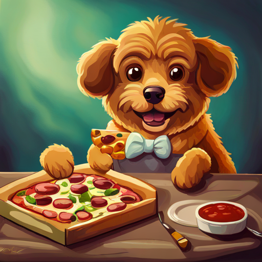 Friendly pulipoo dog, brown curly fur and waggy tail. smiles with a pizza slice in his mouth