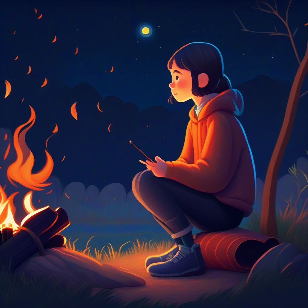 Lonely girl sitting by a campfire in the night.