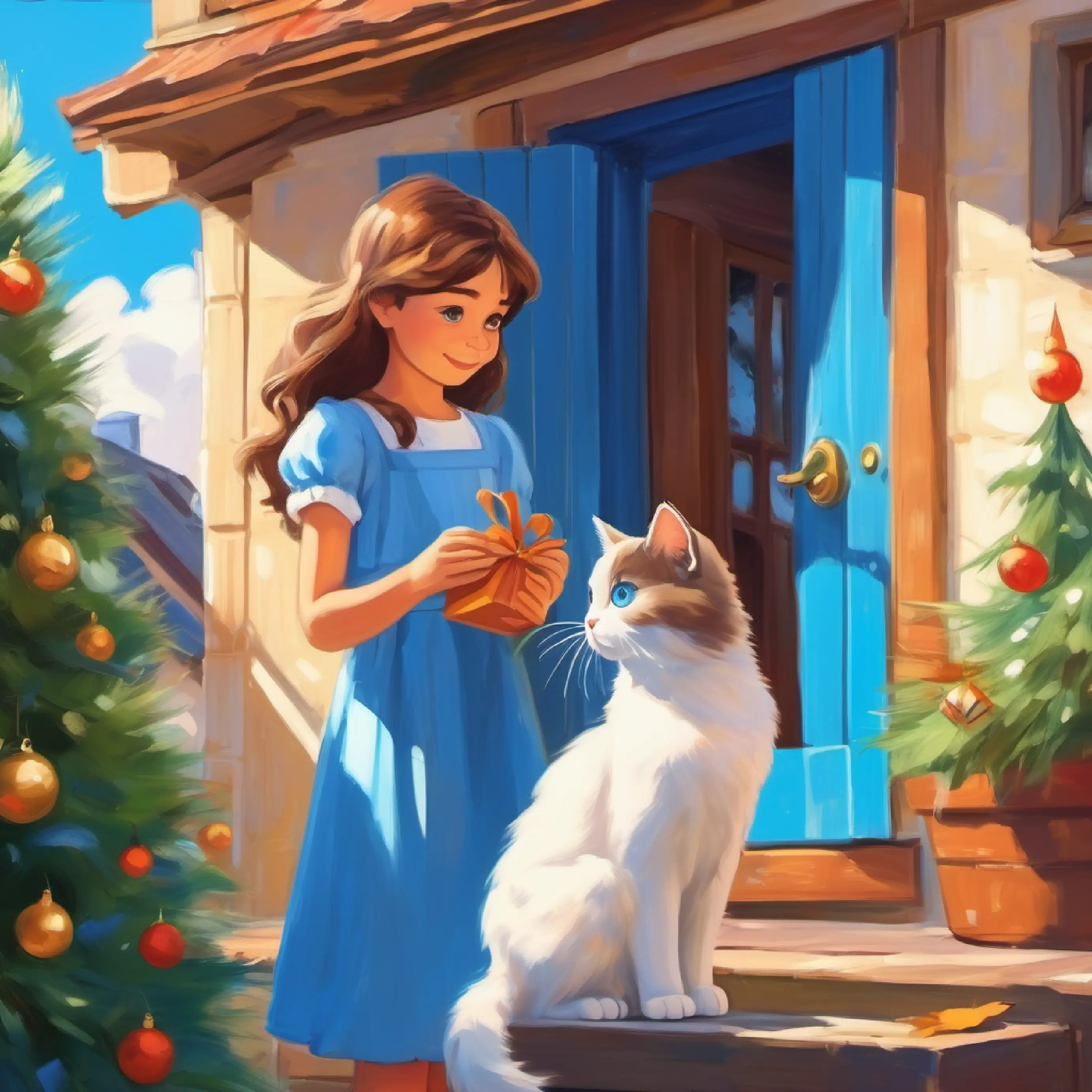 A girl with brown hair and eyes, wearing a blue dress discovers A small white cat with bright blue eyes, very fluffy, sunny day, outside her house.