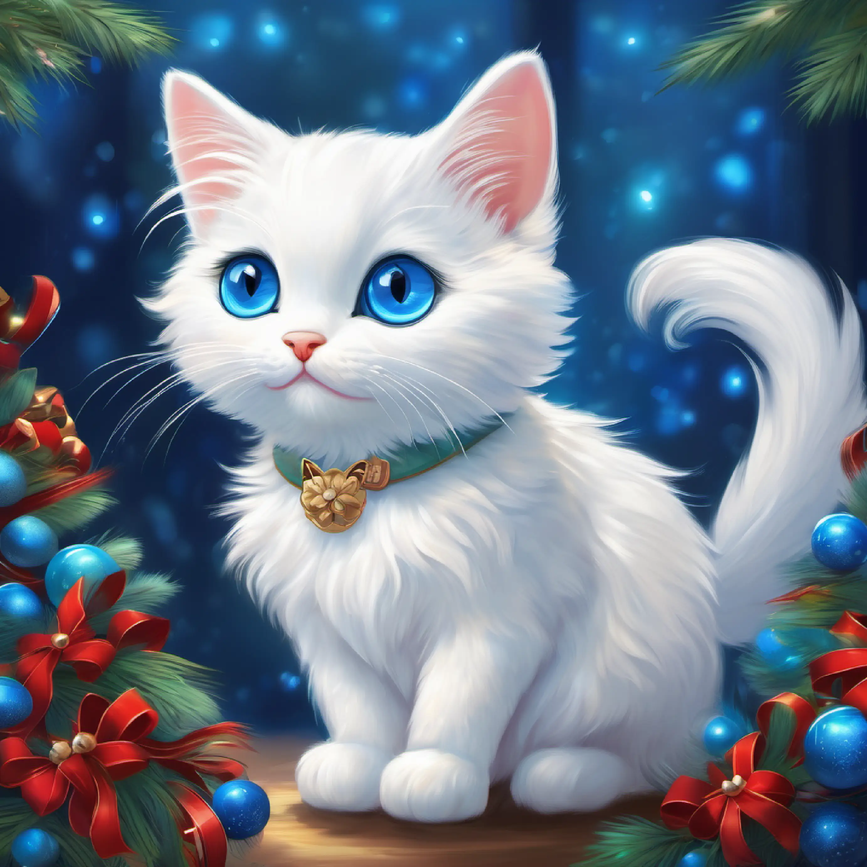 Description of A small white cat with bright blue eyes, very fluffy's appearance, A small white cat with bright blue eyes, very fluffy feeling shy.