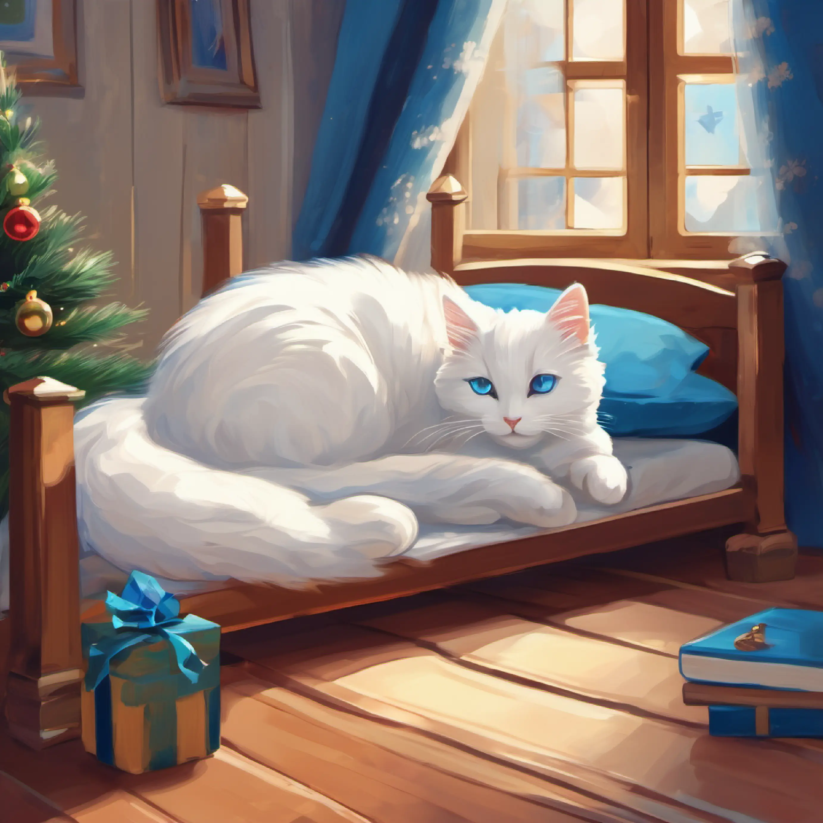 Bedtime routine, A small white cat with bright blue eyes, very fluffy sleeping, bedroom environment.