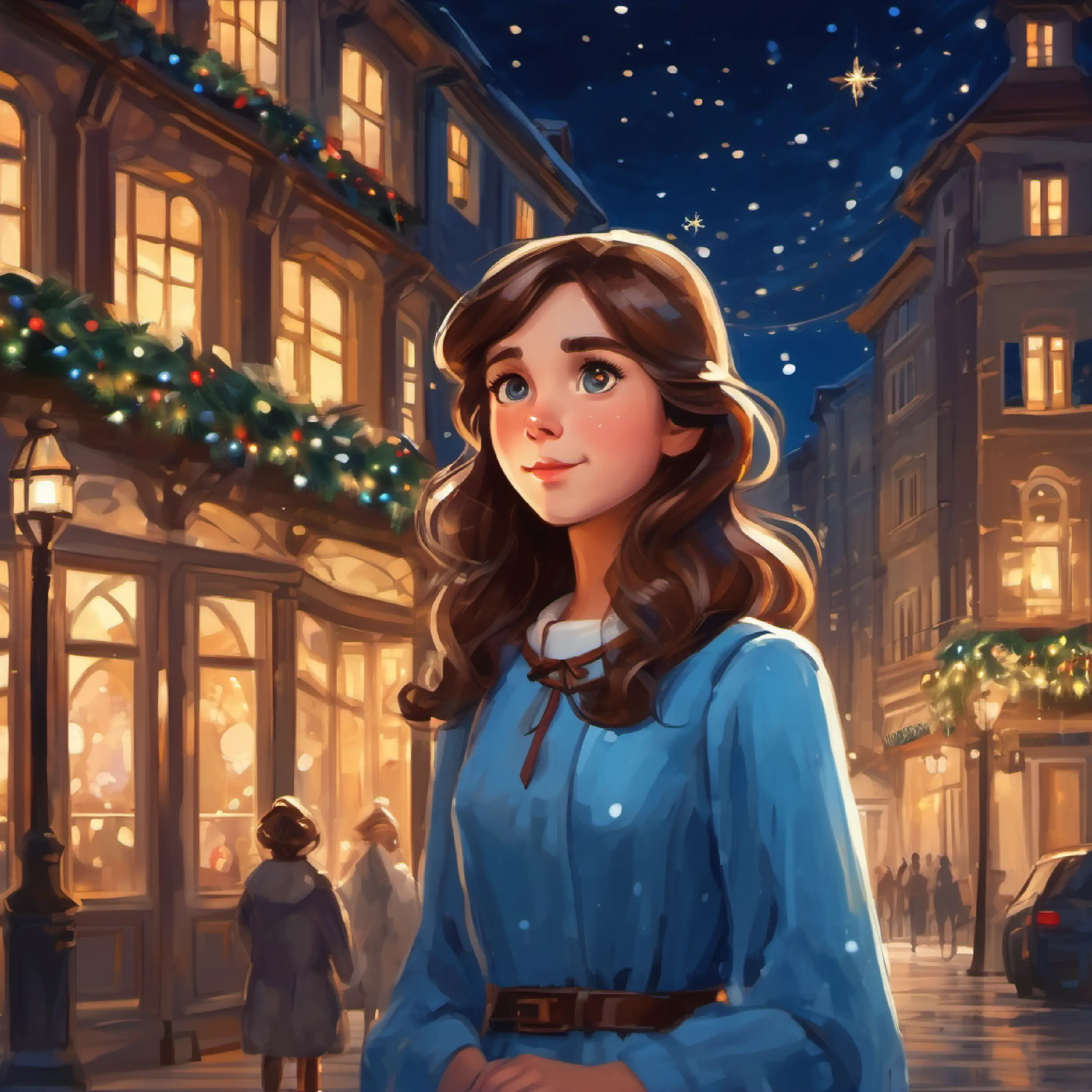 A girl with brown hair and eyes, wearing a blue dress's realization, friendship bond, reflective nighttime.