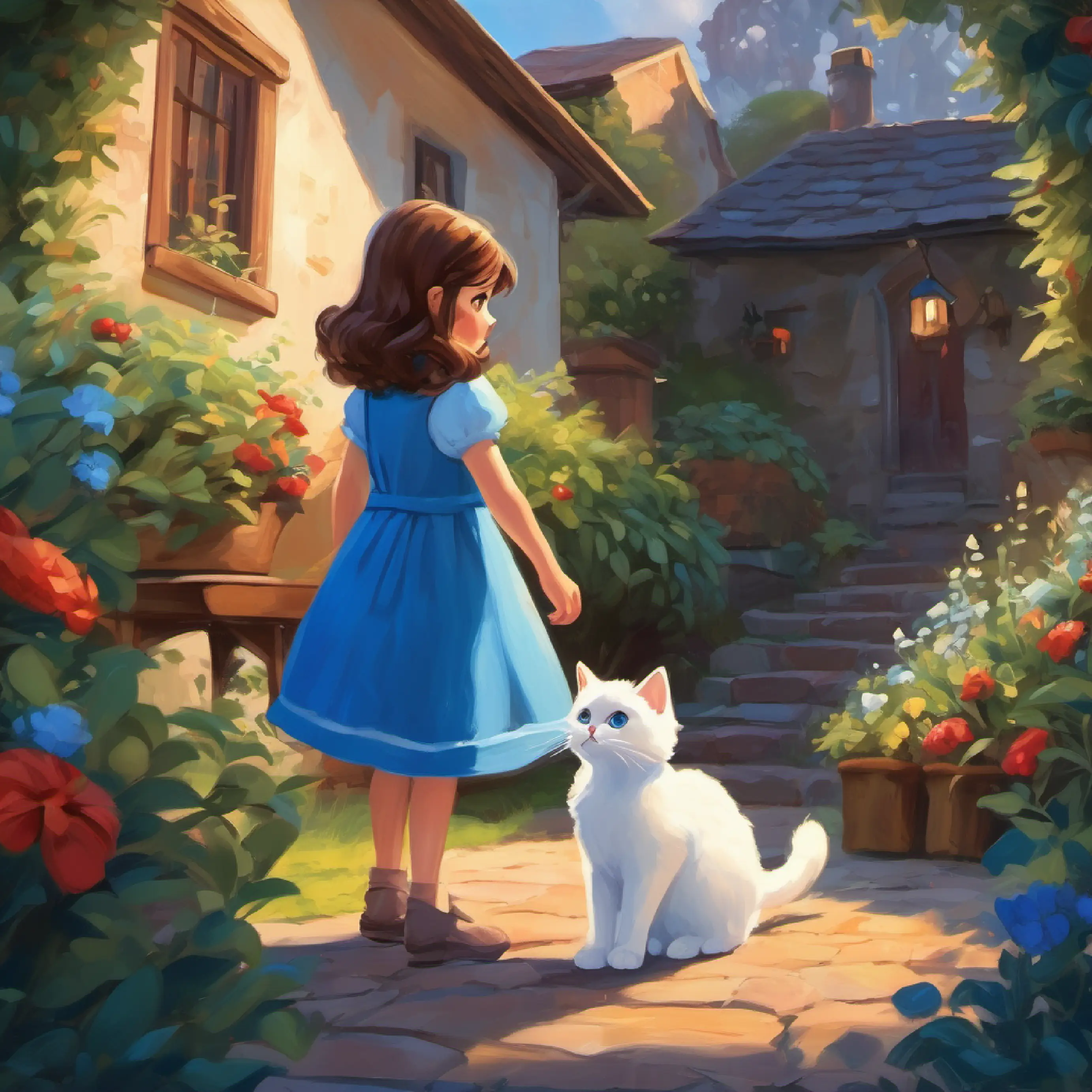 A girl with brown hair and eyes, wearing a blue dress approaches A small white cat with bright blue eyes, very fluffy, offering friendship, backyard setting.
