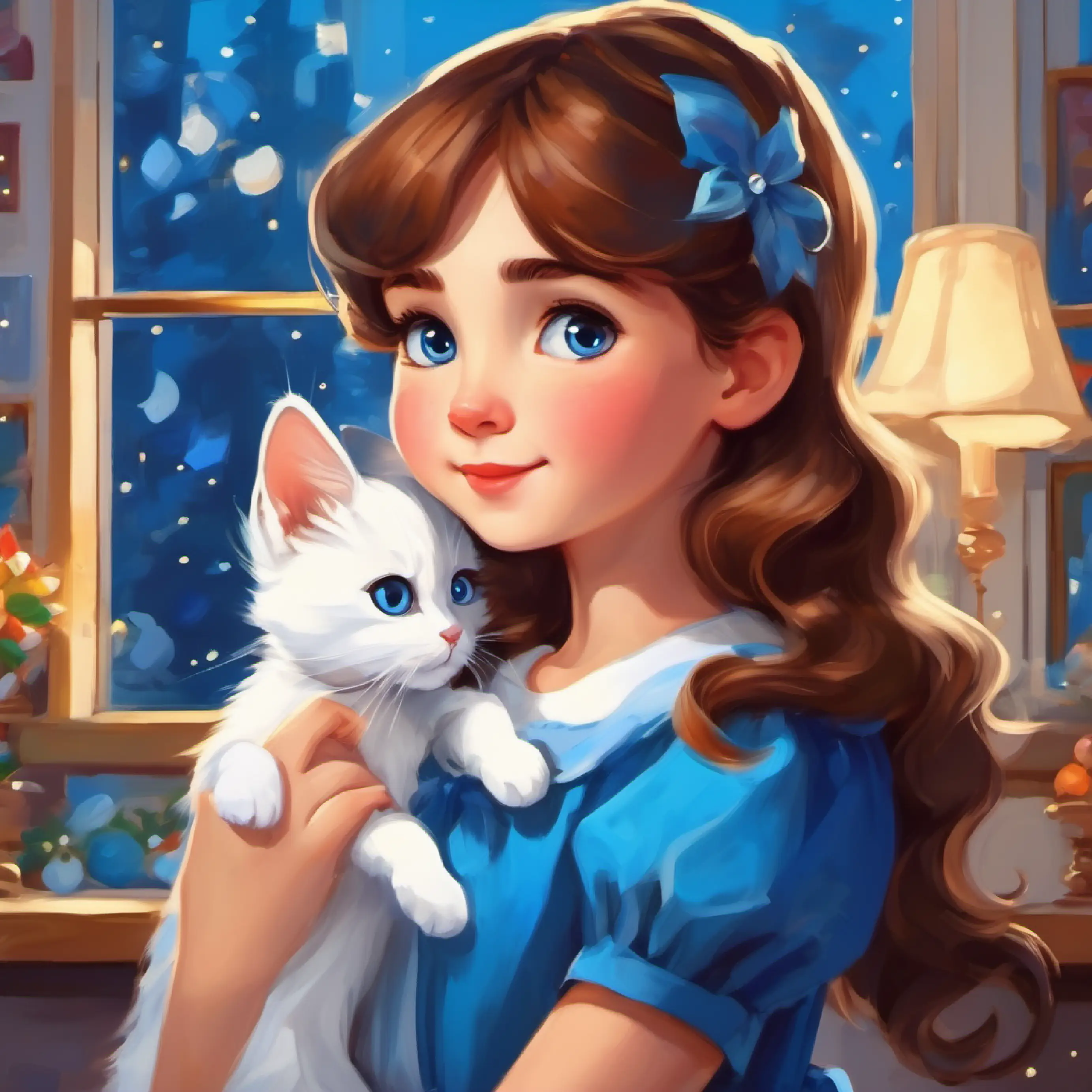 A girl with brown hair and eyes, wearing a blue dress names the cat A small white cat with bright blue eyes, very fluffy, bonding moment.