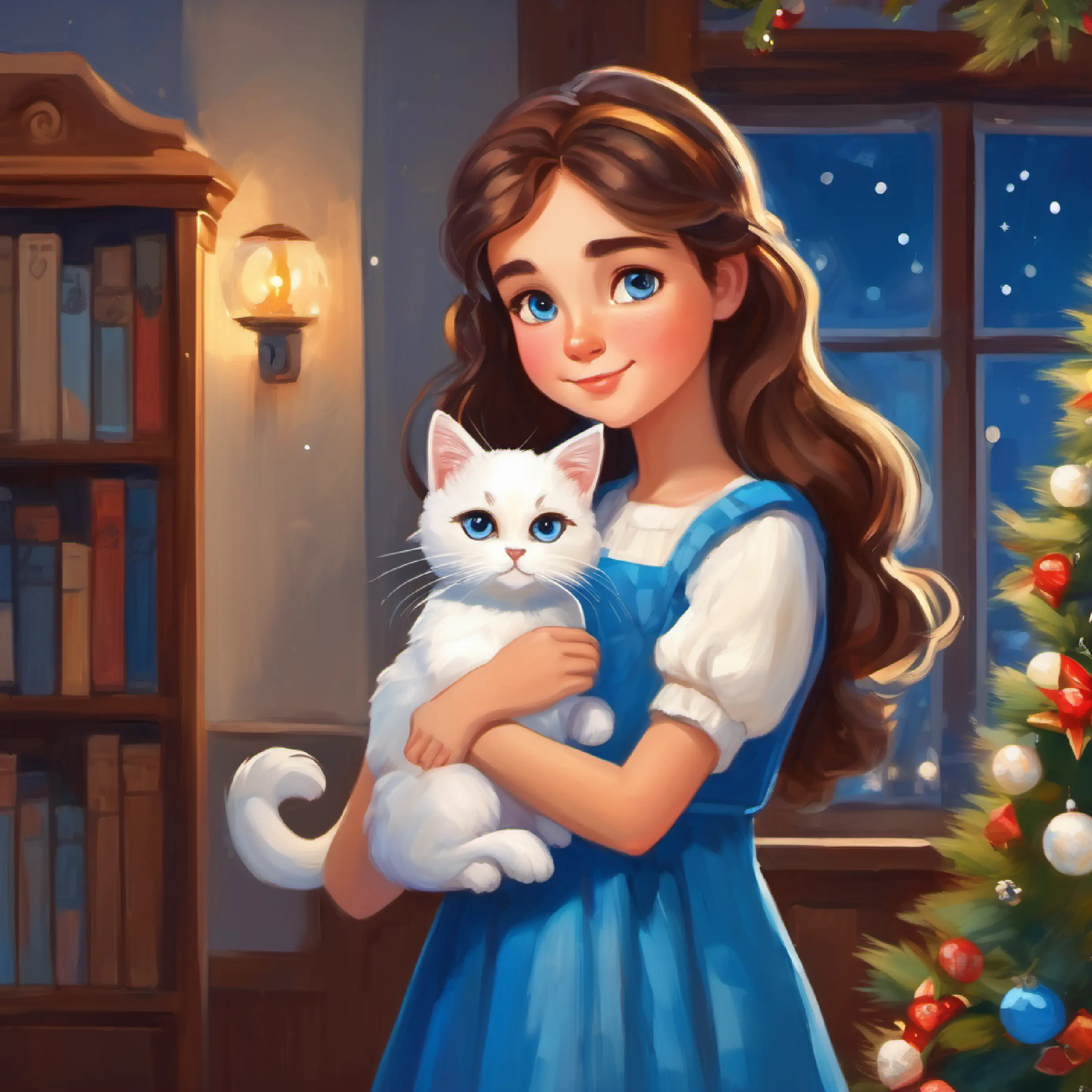 A girl with brown hair and eyes, wearing a blue dress cares for A small white cat with bright blue eyes, very fluffy, offering comfort, inside the house.