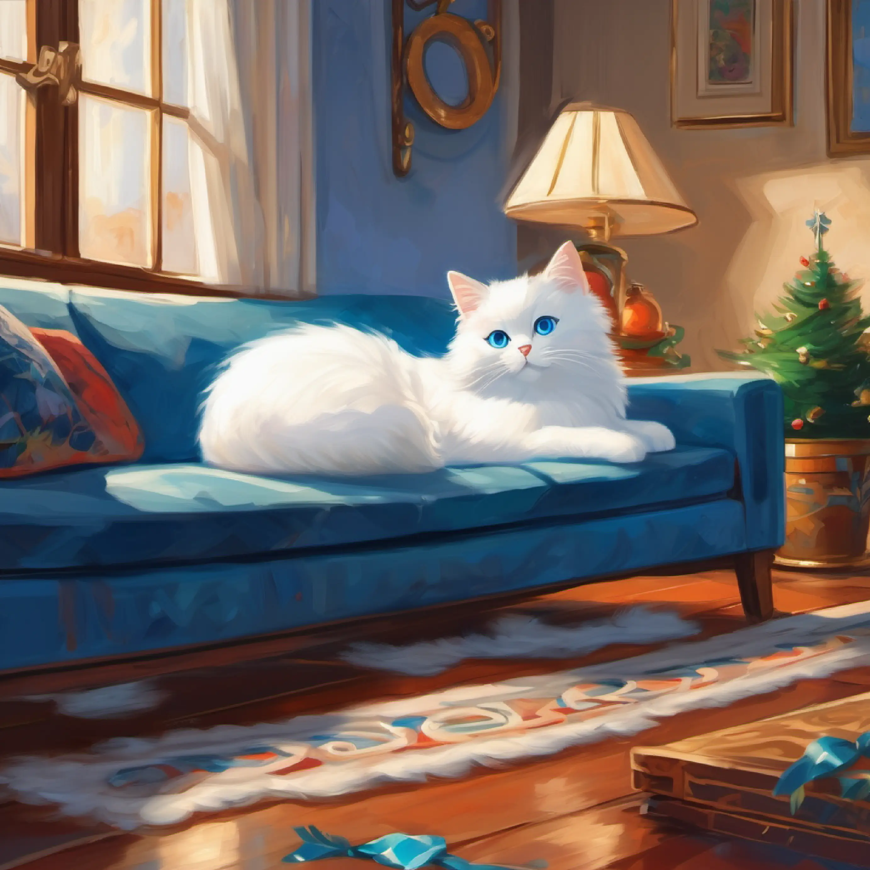 A small white cat with bright blue eyes, very fluffy's initial nervousness, hiding spot, living room scene.