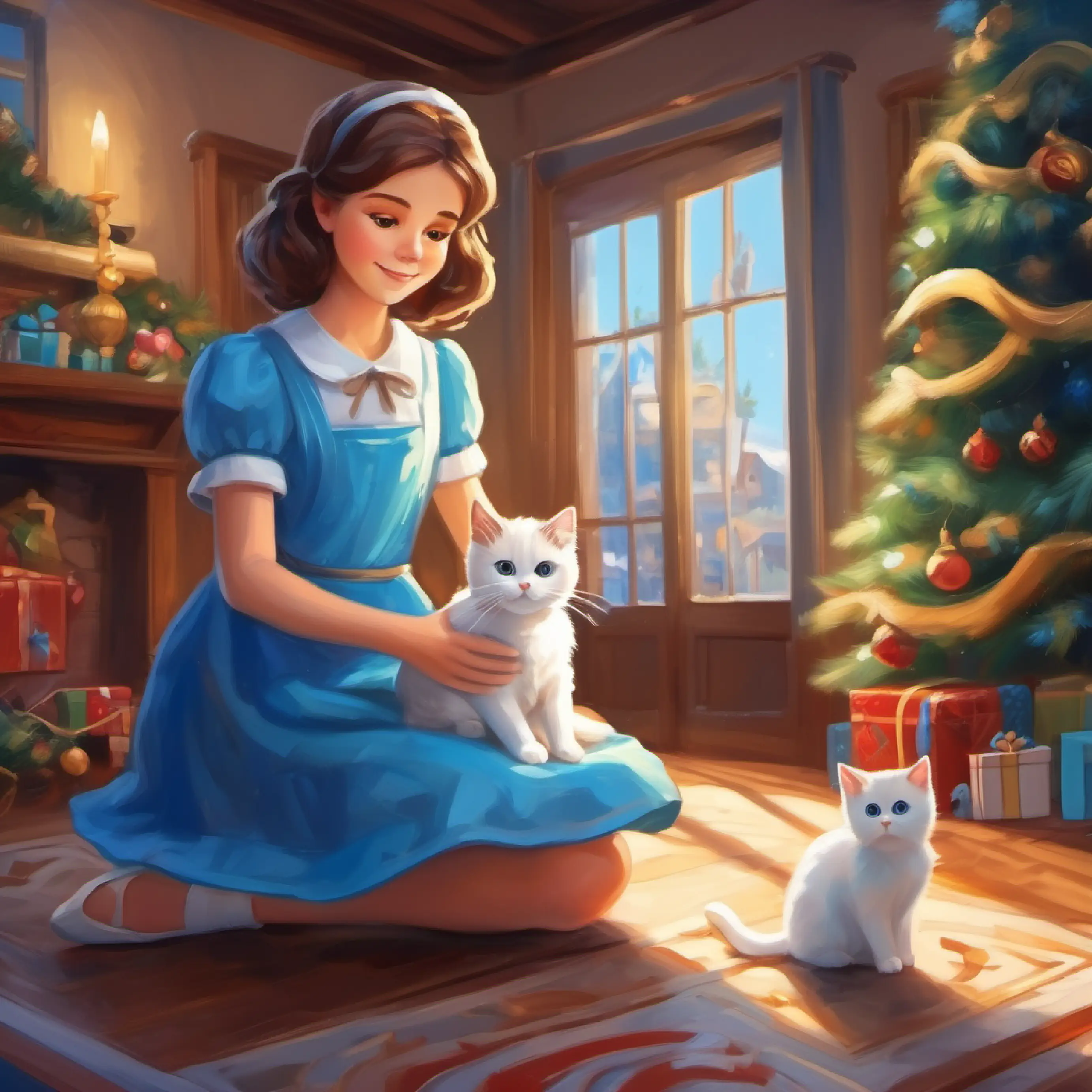A girl with brown hair and eyes, wearing a blue dress showing patience, A small white cat with bright blue eyes, very fluffy playing, introduction of toy.