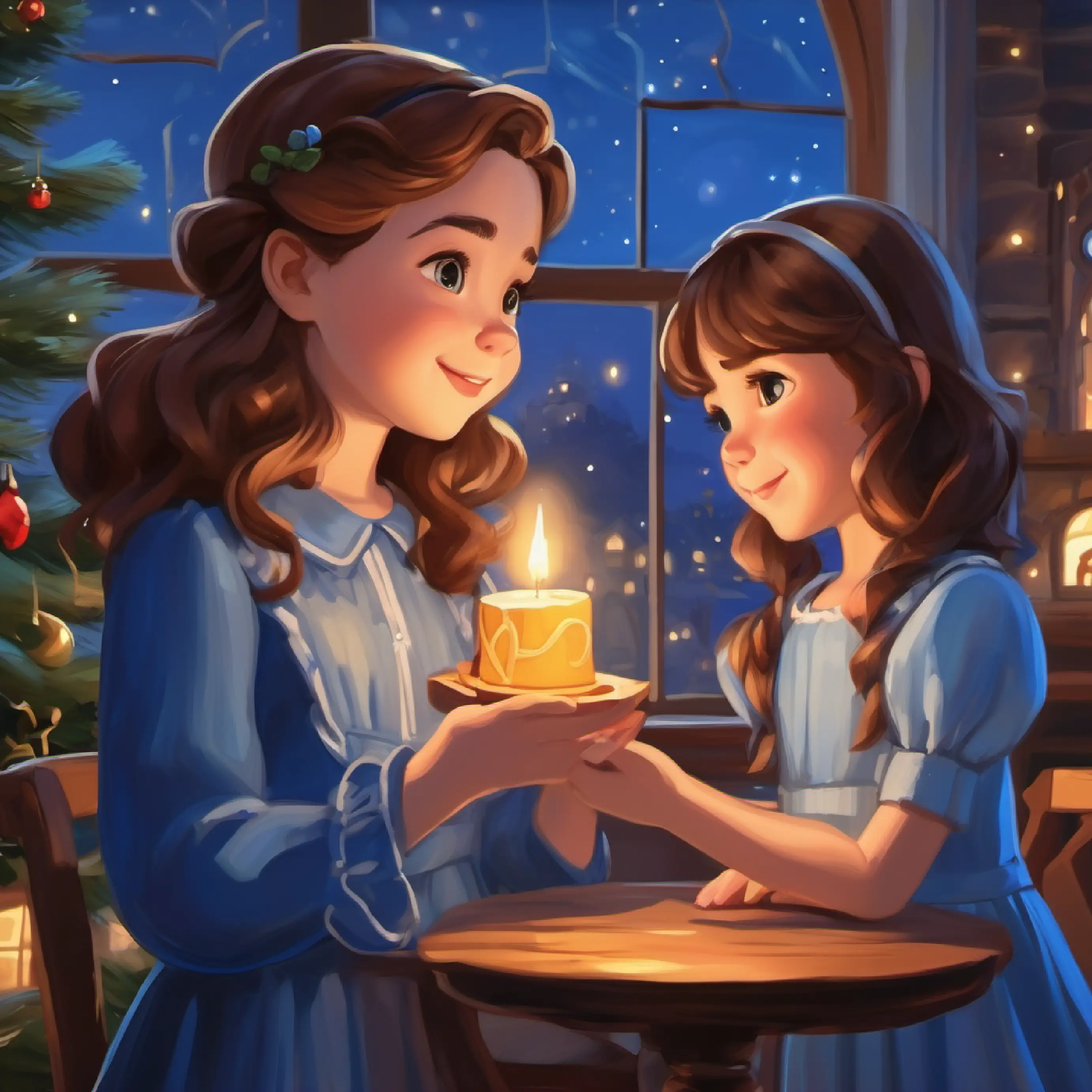 A girl with brown hair and eyes, wearing a blue dress making a promise, establishing friendship, evening setting.