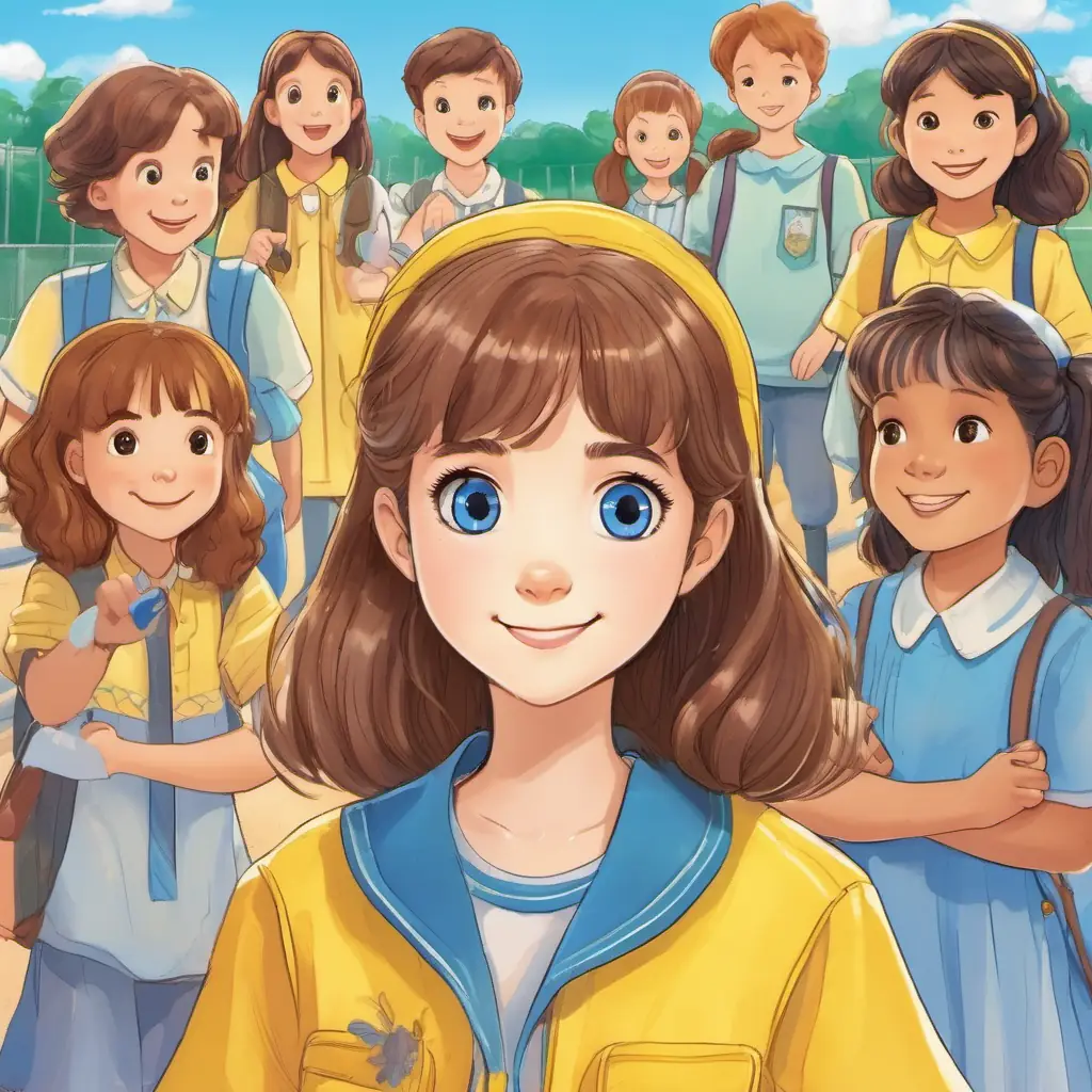 Brown hair, blue eyes, always wears a yellow hair clip showing her friends the importance of hand hygiene in the school playground.