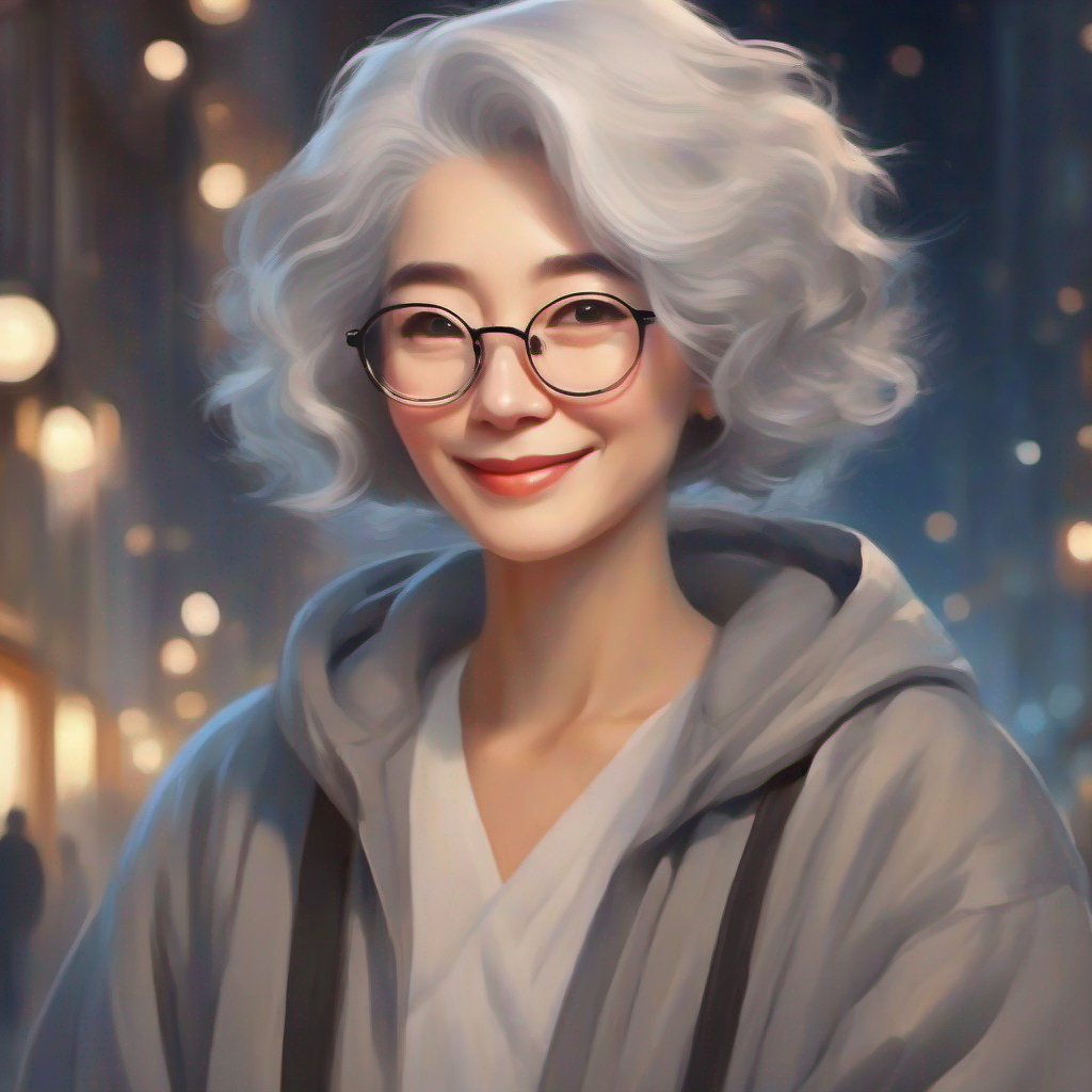 Loving and kind woman with gray hair wearing glasses with a gentle smile, wearing cozy evening clothes