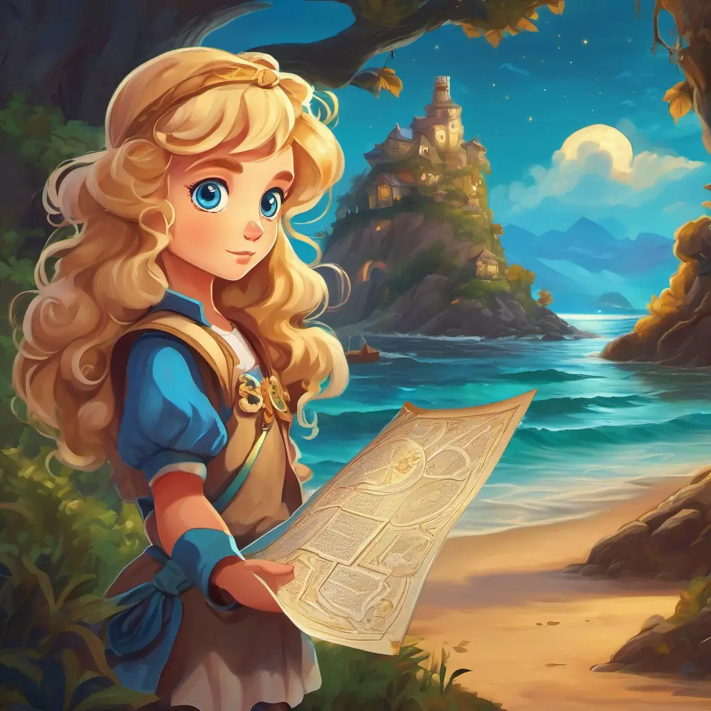 A brave young girl with blue eyes and curly blonde hair, a brave young girl with blue eyes and curly blonde hair, stands on the shores of the island, gazing at the legendary treasure map.