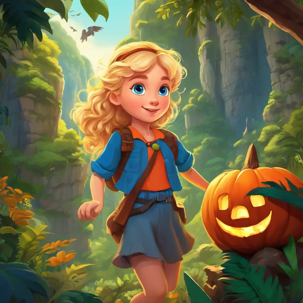 A brave young girl with blue eyes and curly blonde hair, surrounded by lush vegetation and tall cliffs, encounters various creatures like friendly monkeys and curious parrots on her journey to find the treasure.