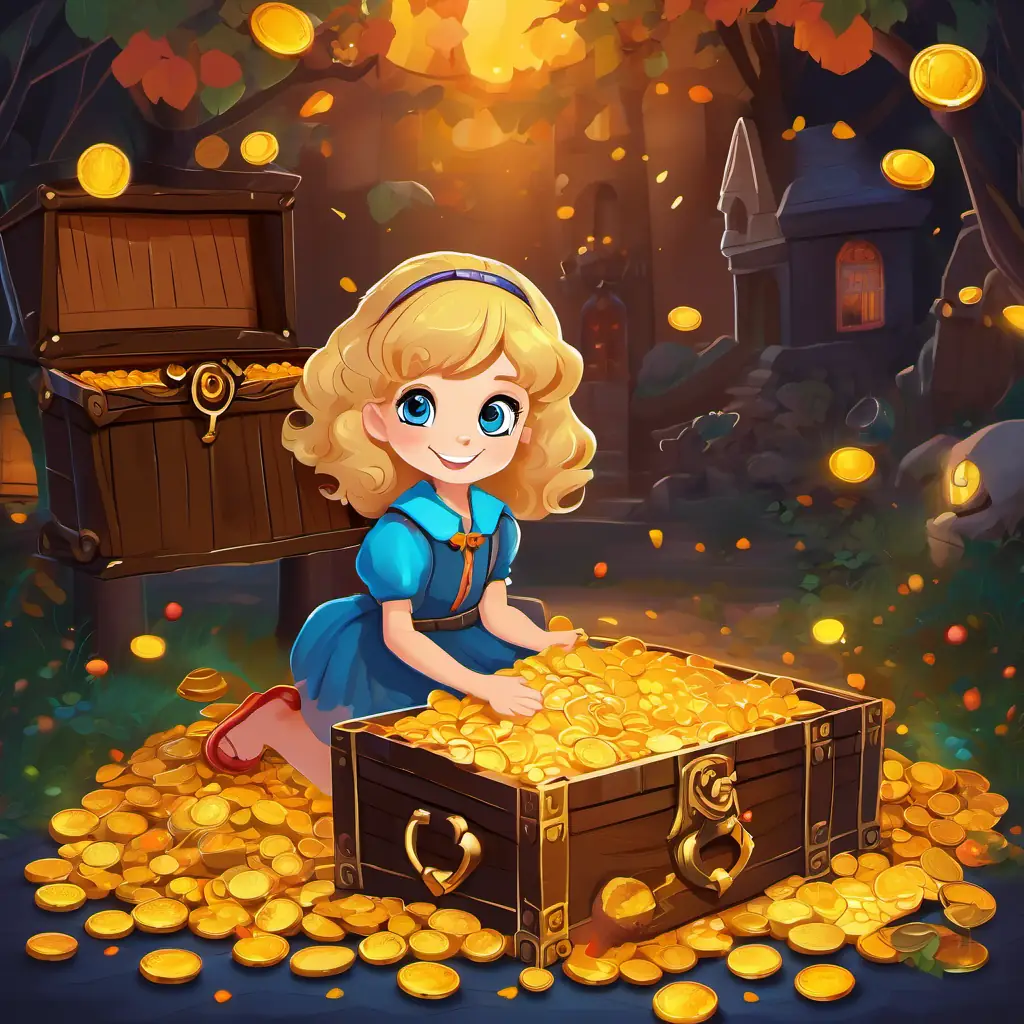 A brave young girl with blue eyes and curly blonde hair kneeling beside the open treasure chest, surrounded by colorful jewels and gold coins, with a content smile on her face.